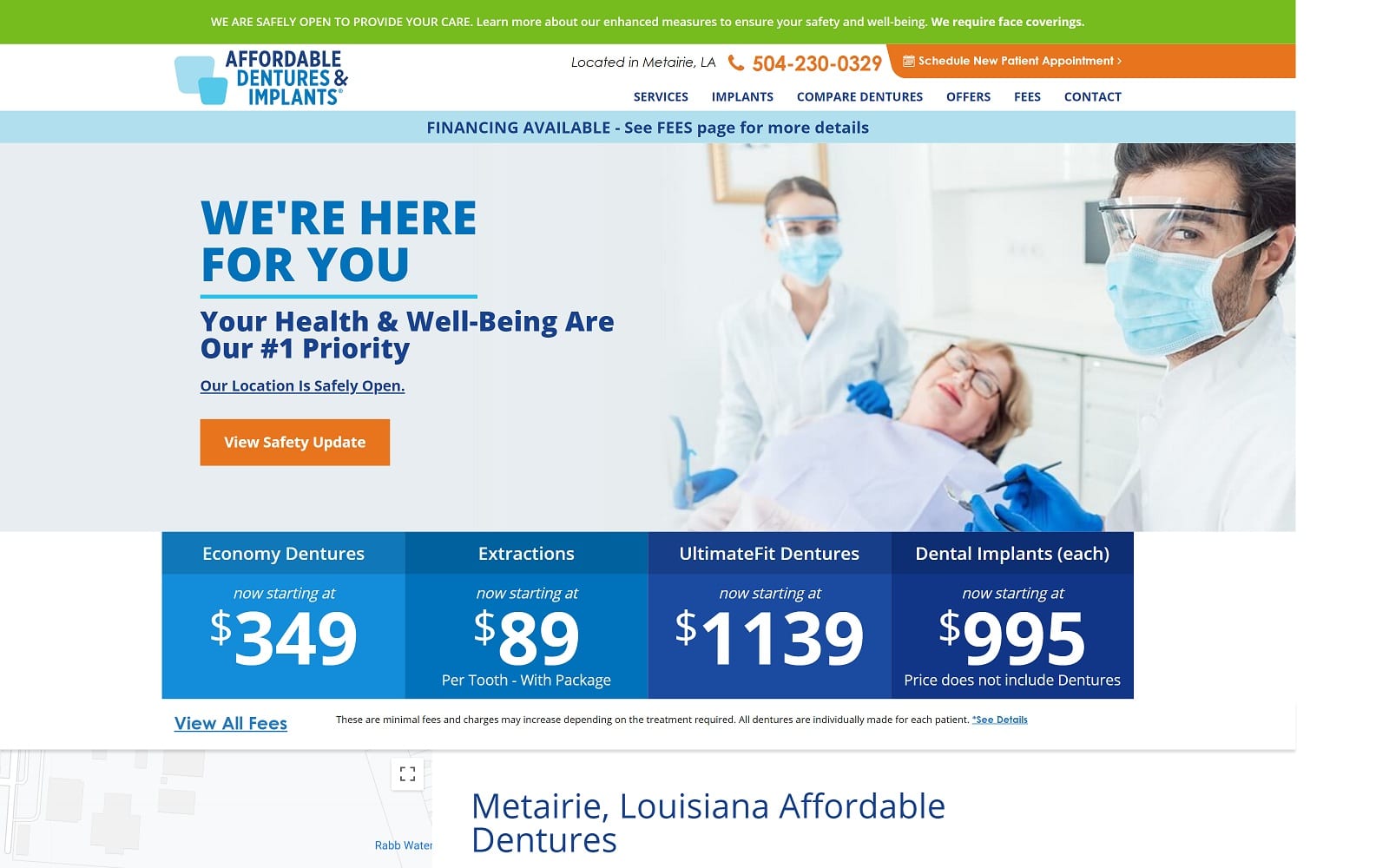 The Screenshot of Affordable Dentures & Implants affordabledentures.com/office/metairie Website
