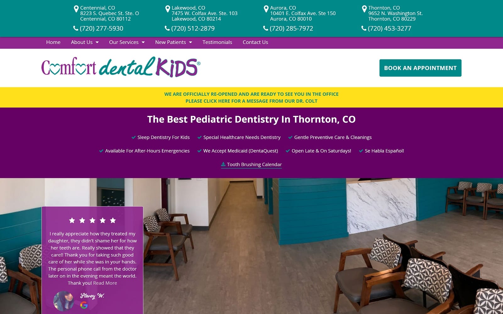 The Screenshot of Comfort Dental Kids - Thornton comfortdentalkids.com/thornton-co Website
