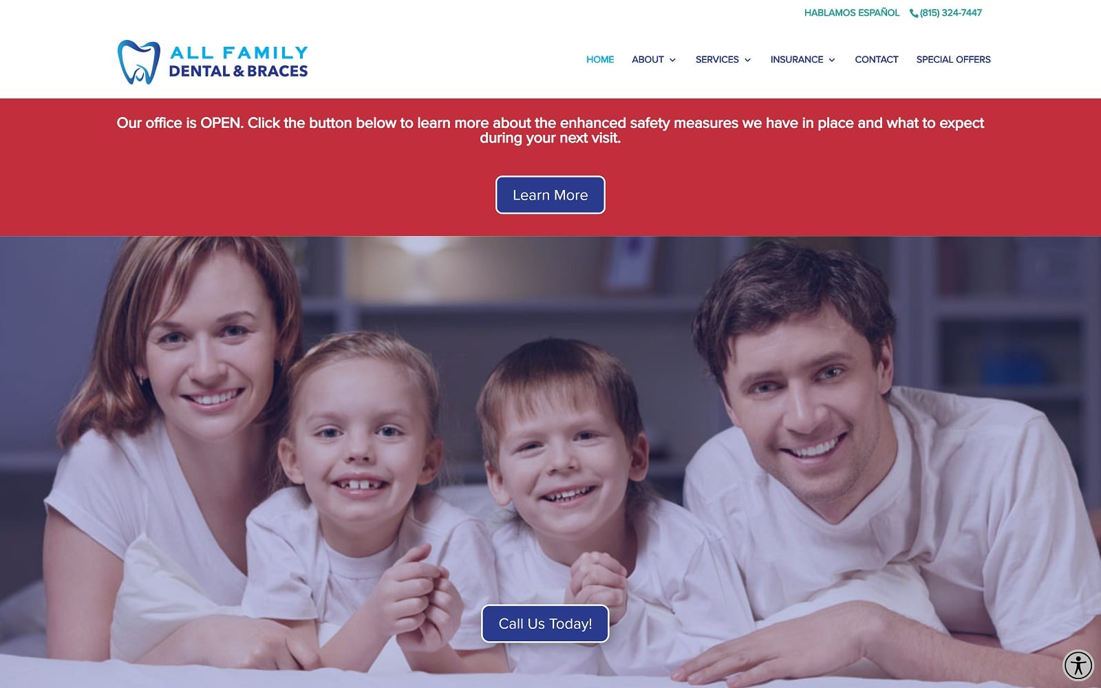 The Screenshot of All Family Dental and Braces dentalandbracesrockford.com Website