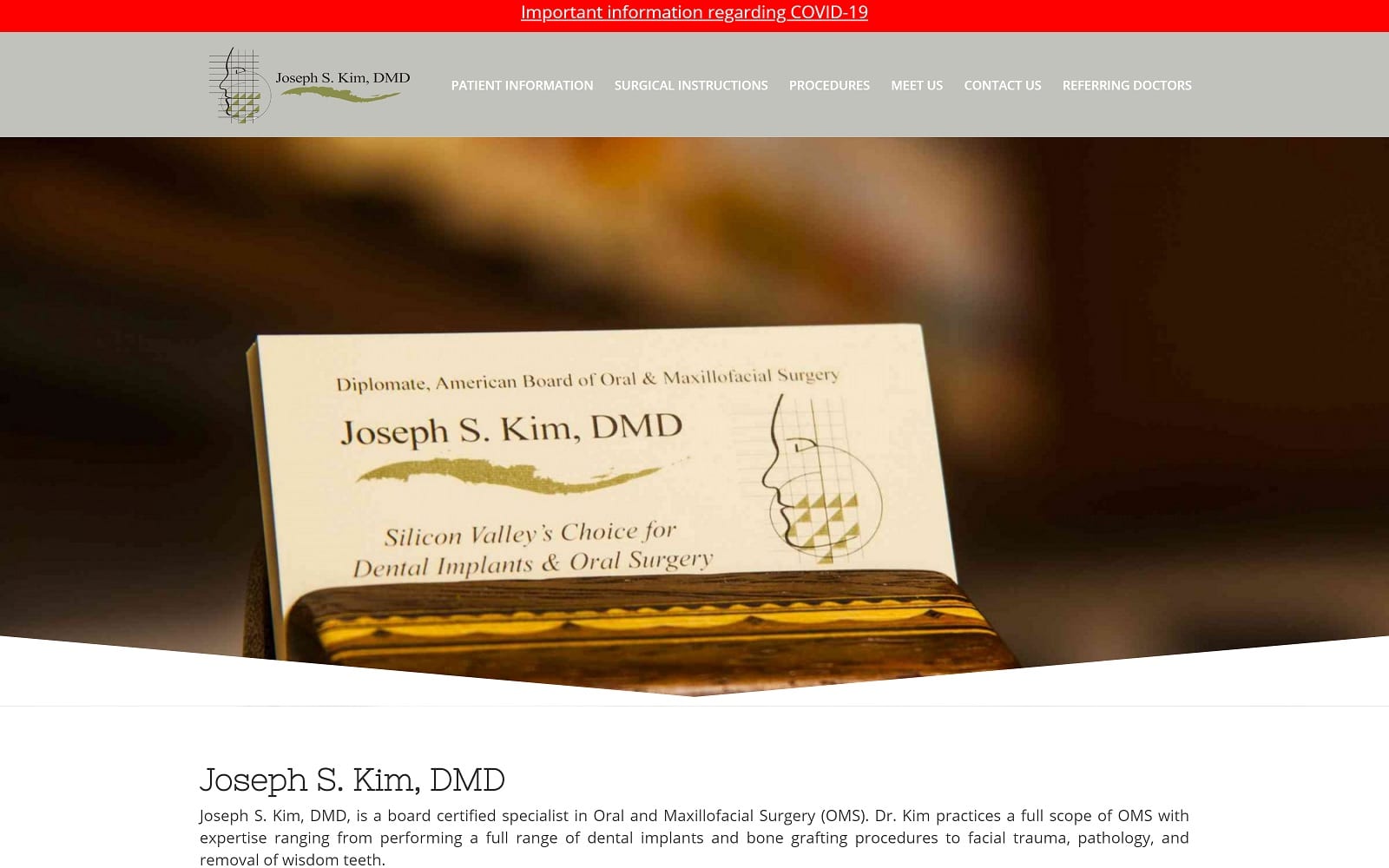 The Screenshot of Dr. Joseph S. Kim, DMD josephkimoms.com Website 