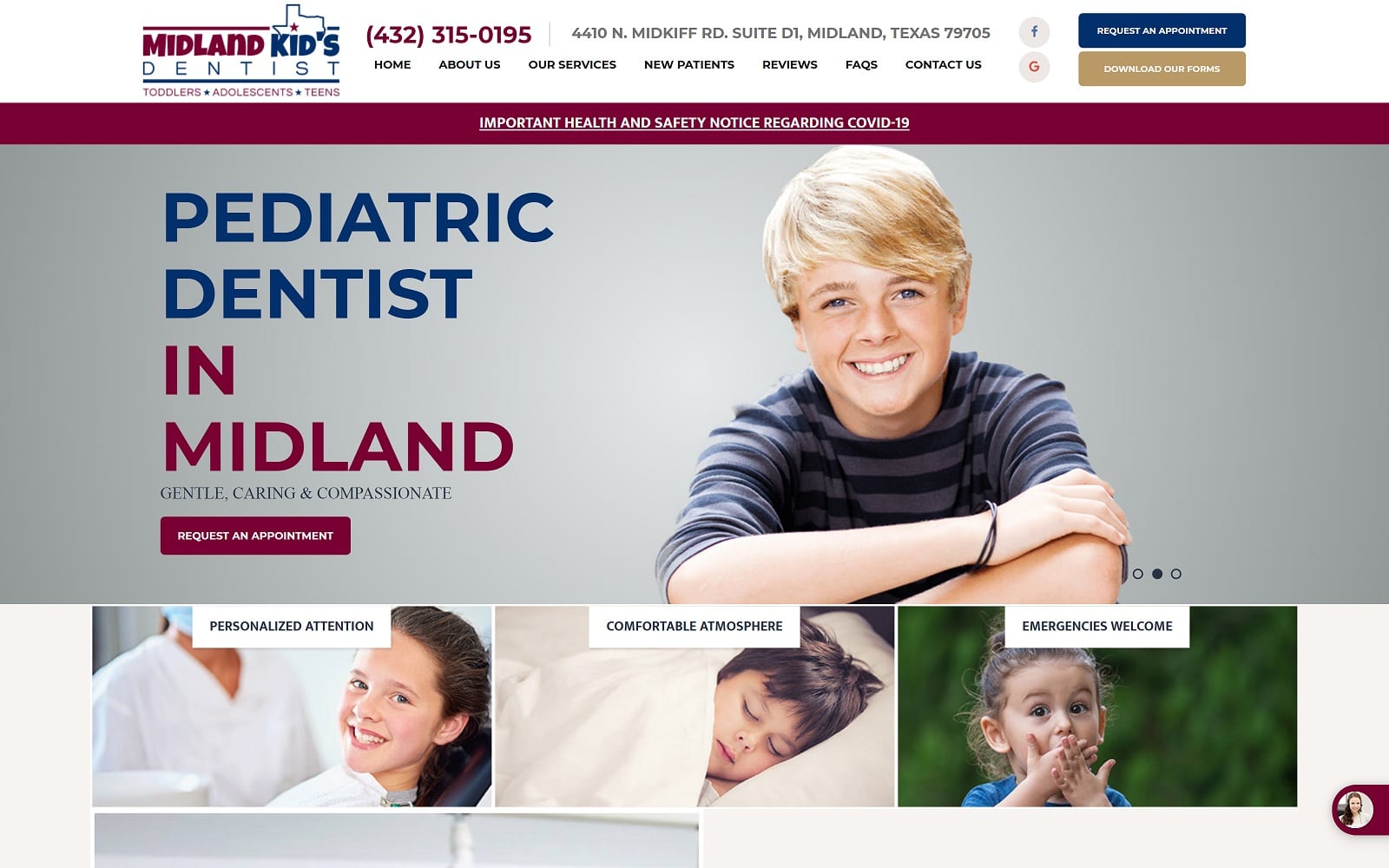 The Screenshot of Midland Kid's Dentist midlandkidsdentist.com Website