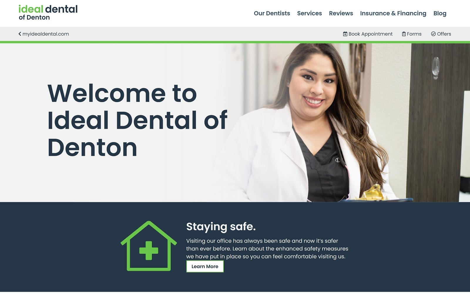The Screenshot of Ideal Dental of Denton myidealdental.com/denton Dr. Nicholas Breig Website
 
