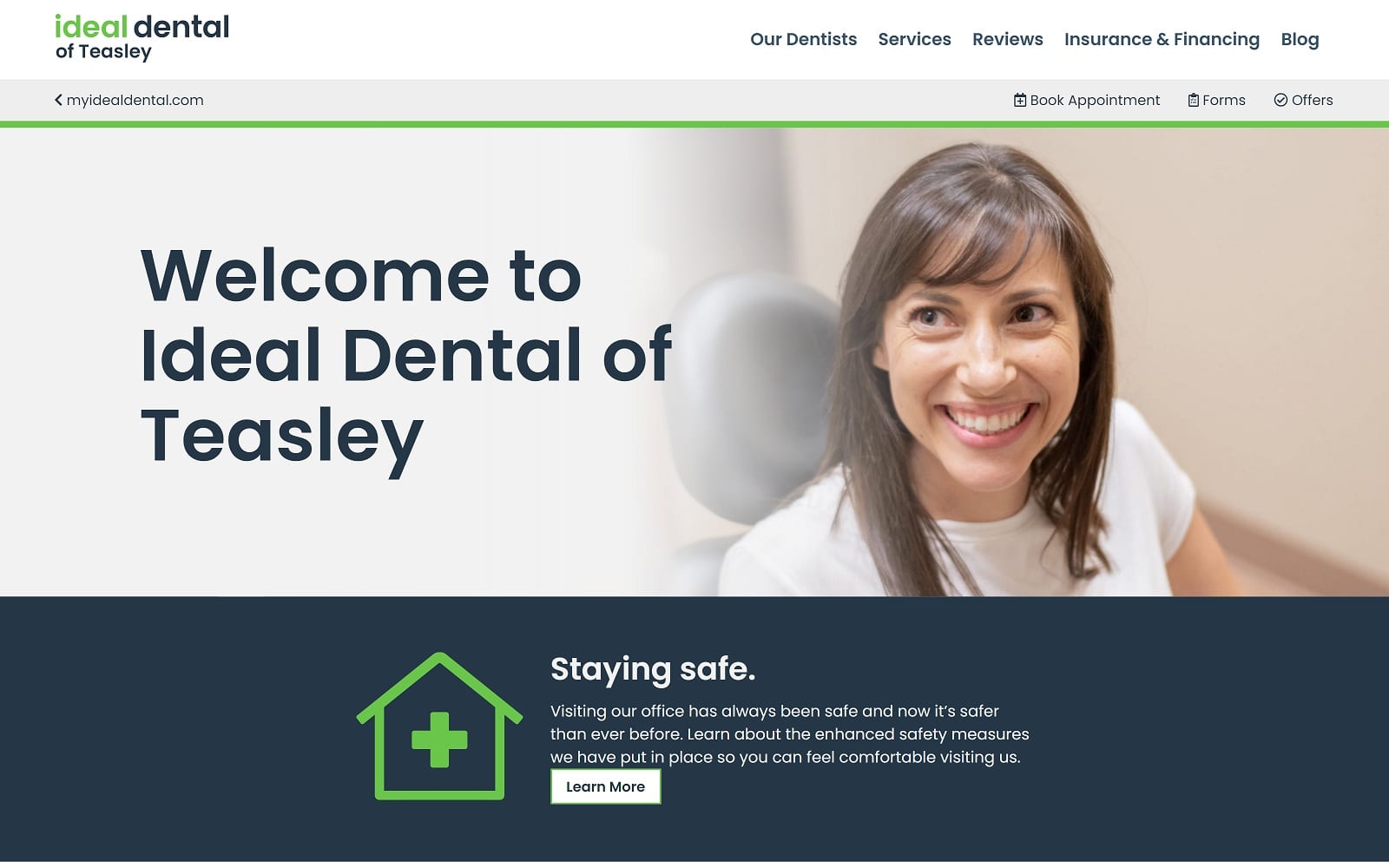 The Screenshot of Ideal Dental of Teasley myidealdental.com/teasley Website
