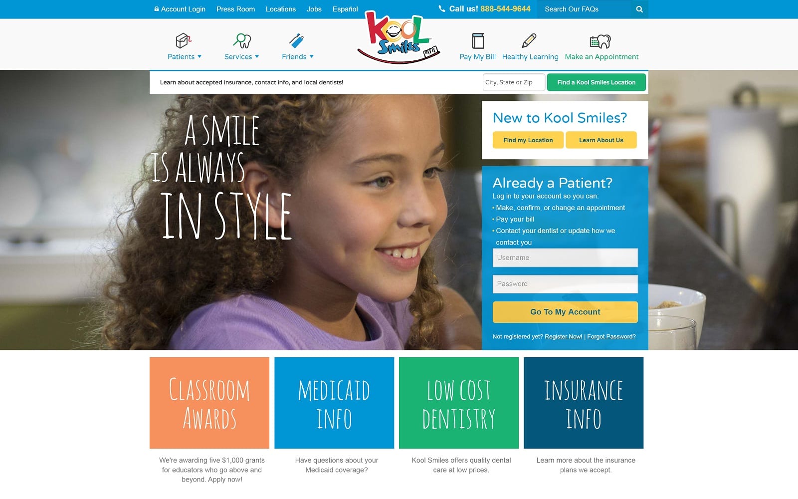 The Screenshot of Kool Smiles Dentist mykoolsmiles.com Website