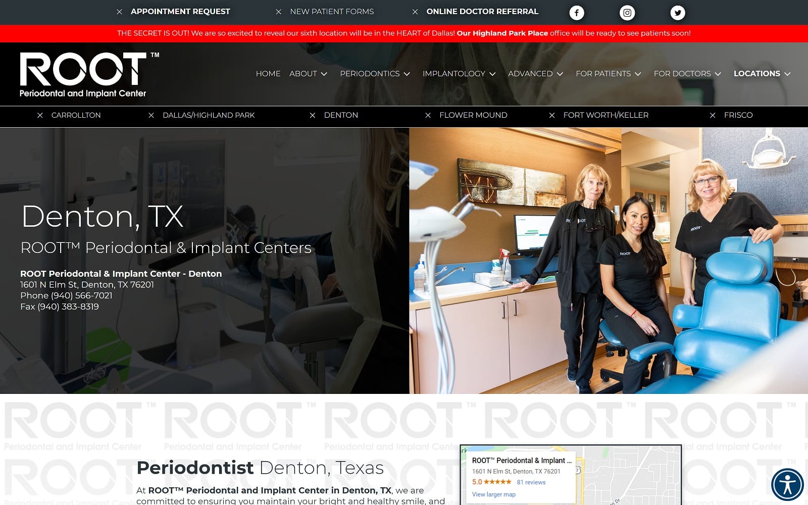The Screenshot of ROOT Periodontal & Implant Center - Denton rootdfw.com/denton-tx Website
