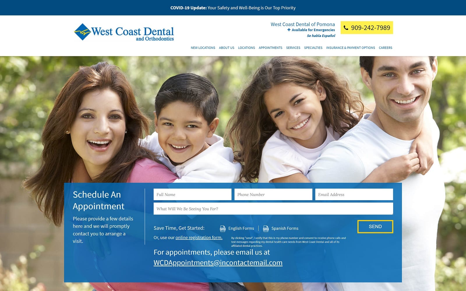 The Screenshot of West Coast Dental of Pomona westcoastdental.com/locations/pomona Website