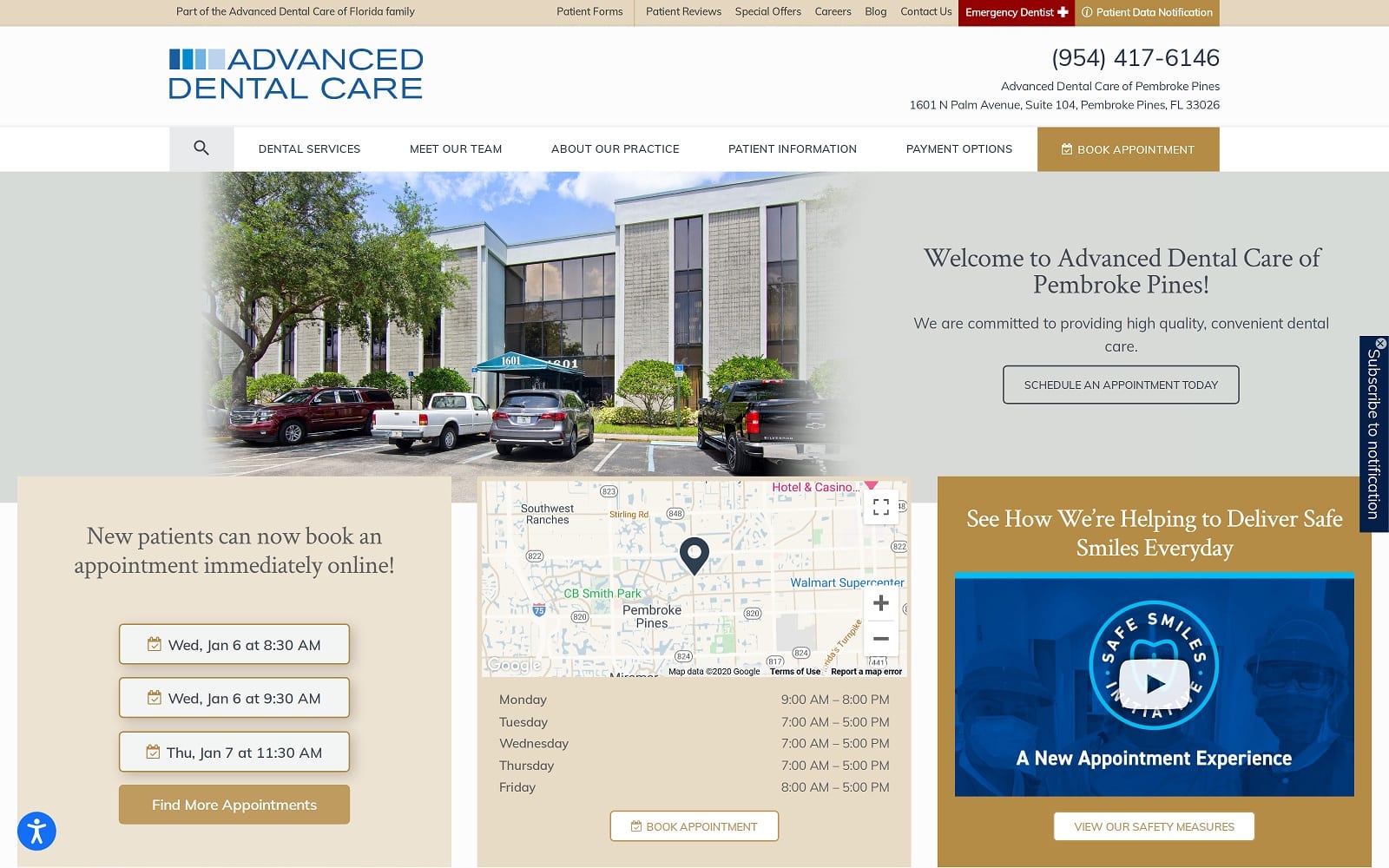 The Screenshot of Advanced Dental Care of Pembroke Pines adc-fl.com/locations/pembroke-pines Website
