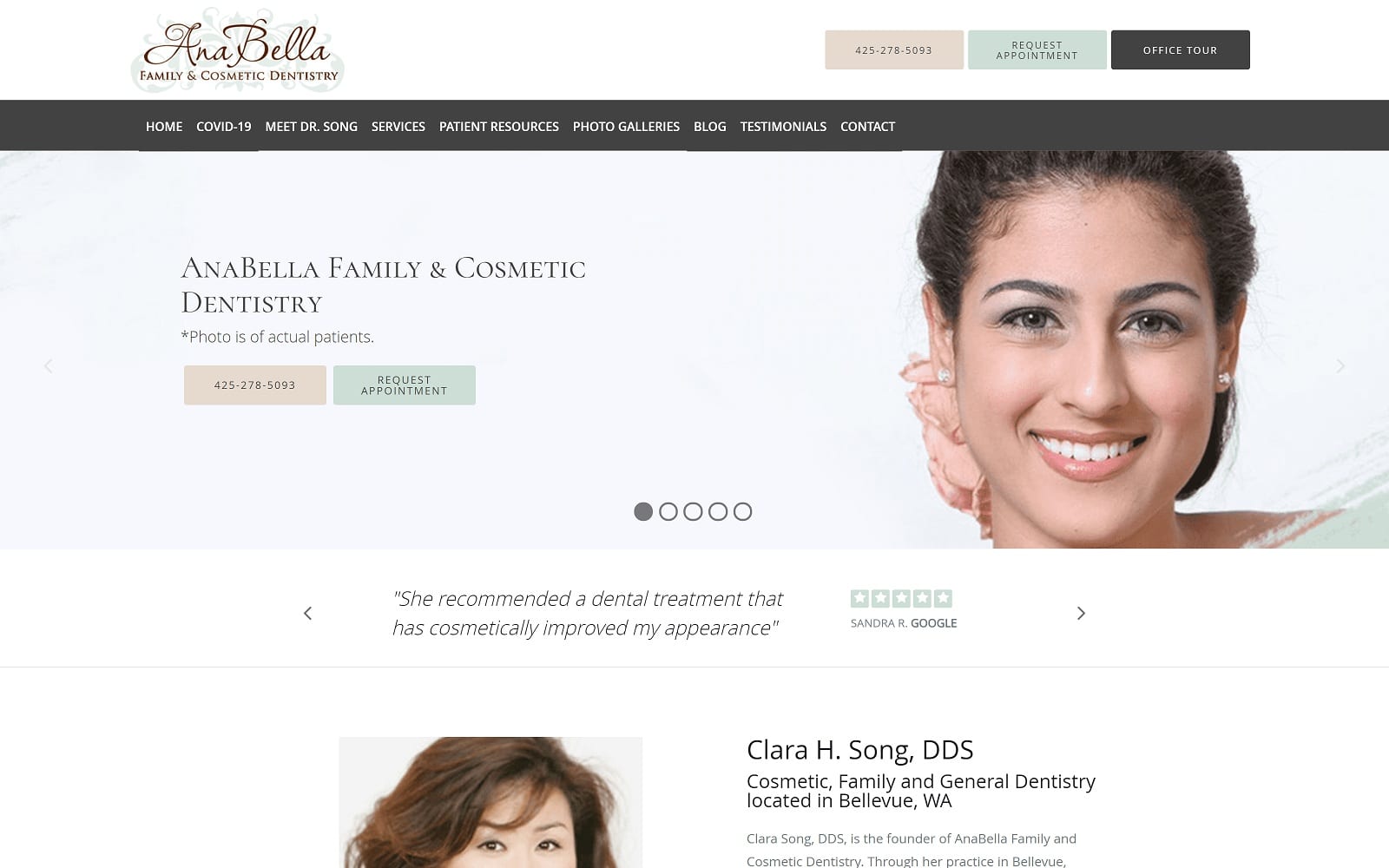 The Screenshot of AnaBella Family & Cosmetic Dentistry anabelladentistry.com Dr. Clara Song Website