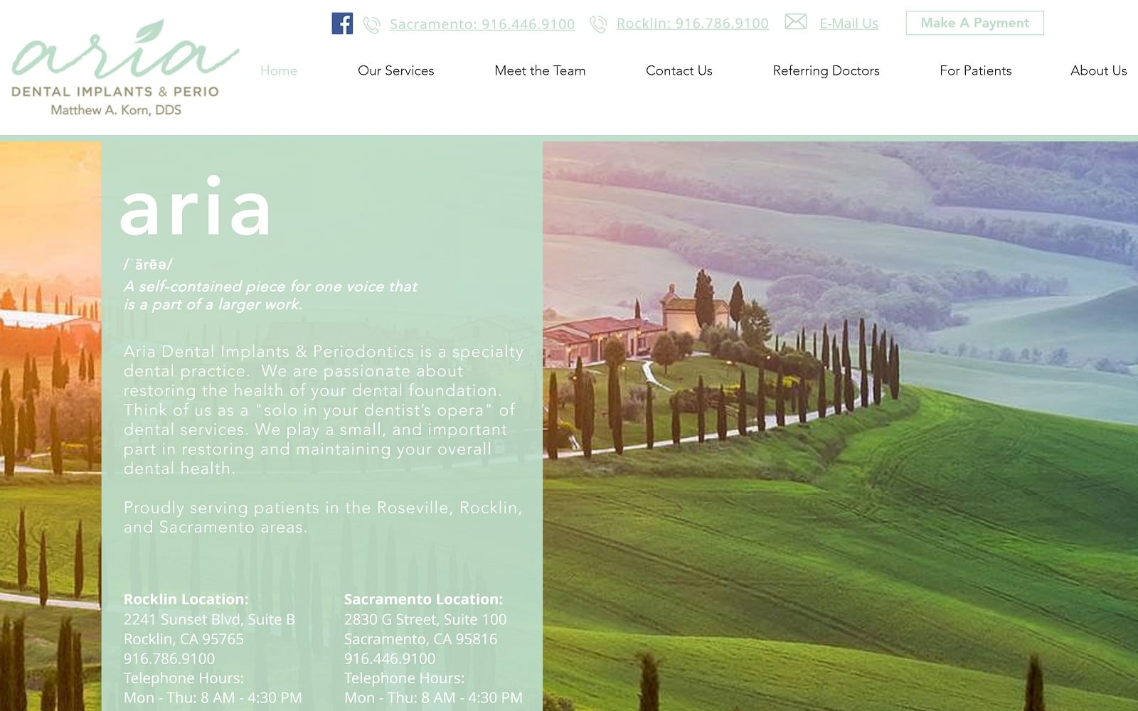 The Screenshot of Aria Dental Implants & Perio | Sacramento ariaperio.com Dr. Matthew A. Korn Website