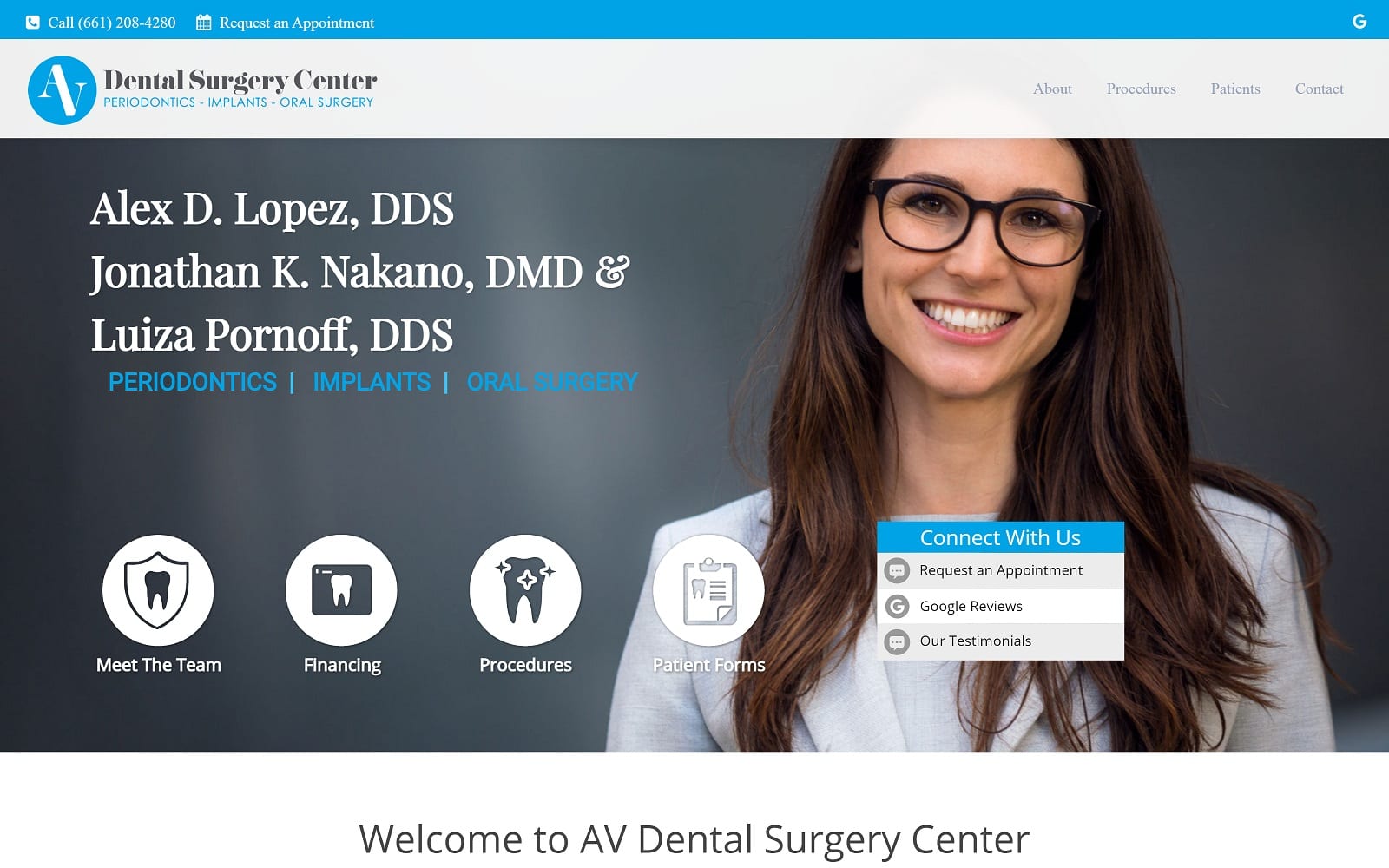 The Screenshot of AV Dental Surgery Center: Jonathan Nakano, DMD and Alex Lopez, DDS avdentalsurgerycenter.com Website