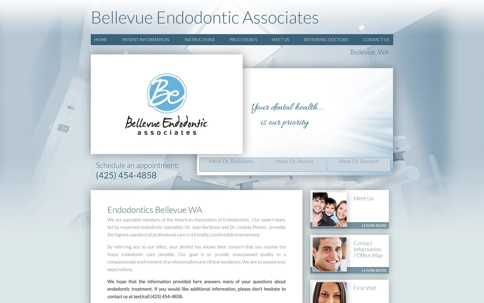 The Screenshot of Bellevue Endodontics Associates bellevueendodontics.com Dr. Joao Barbizam Website