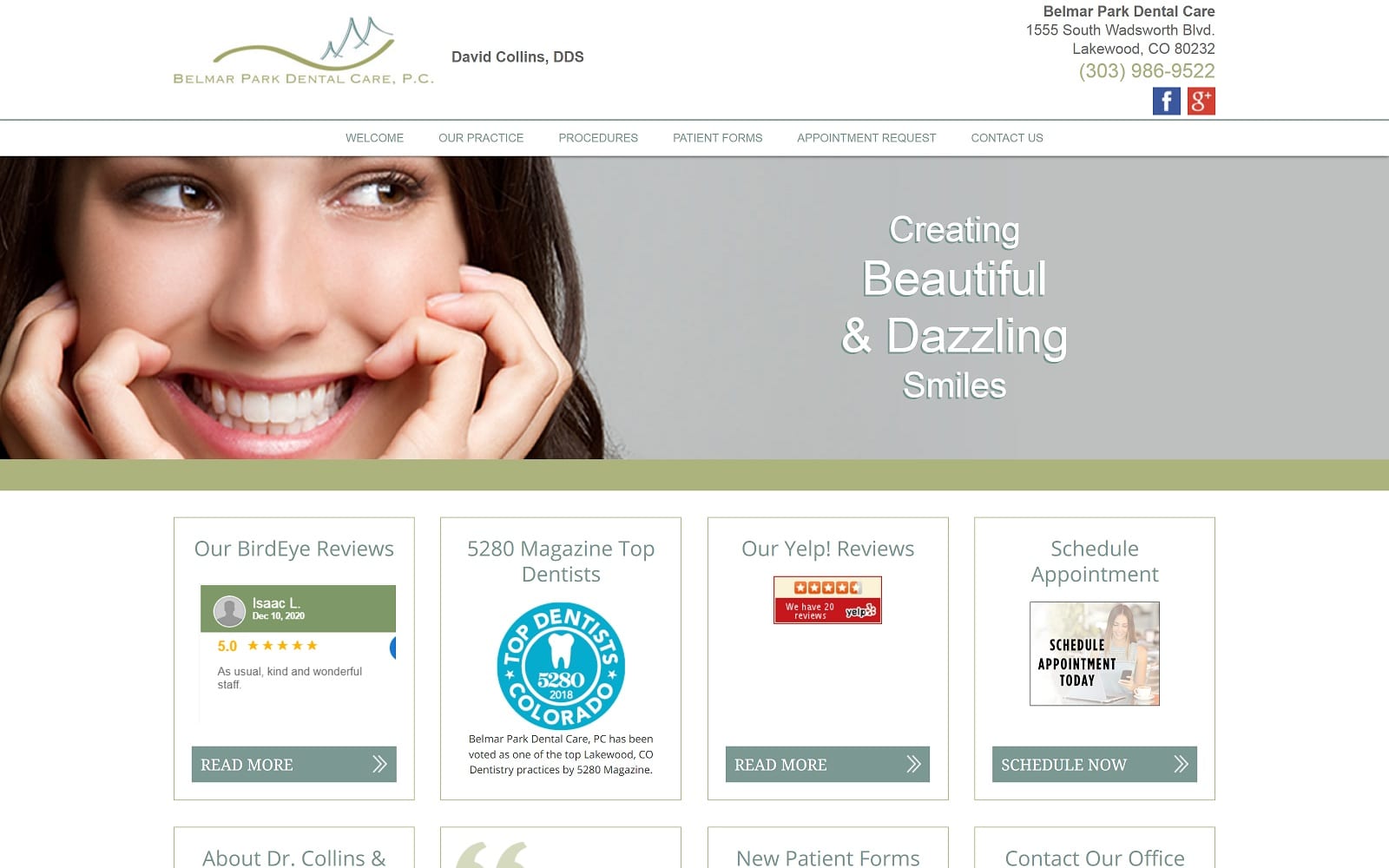 The Screenshot of Belmar Park Dental Care, PC belmarparkdental.com Dr. David Collins Website