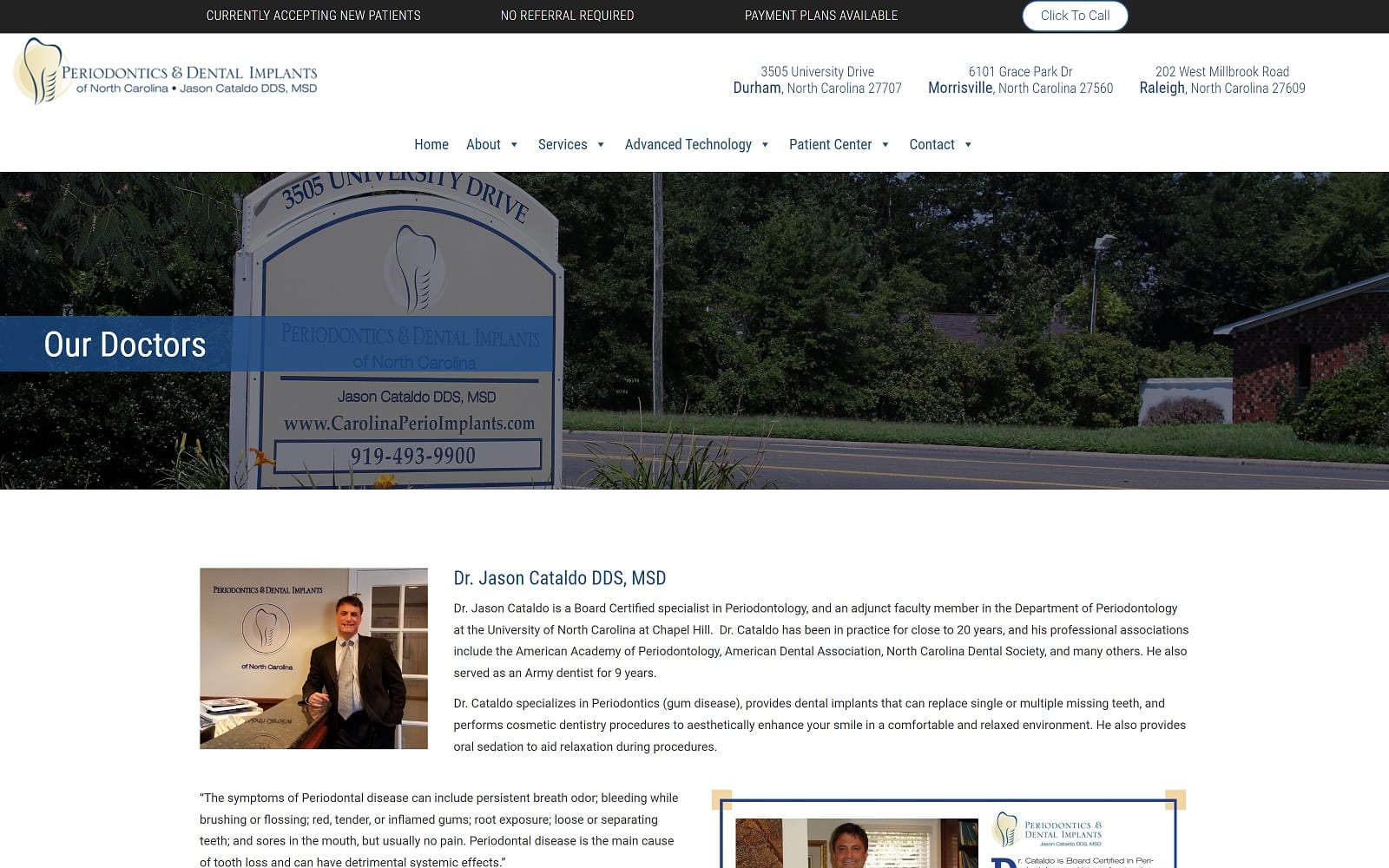 The Screenshot of Periodontics and Dental Implants carolinaperioimplants.com Dr. Jason Cataldo Website