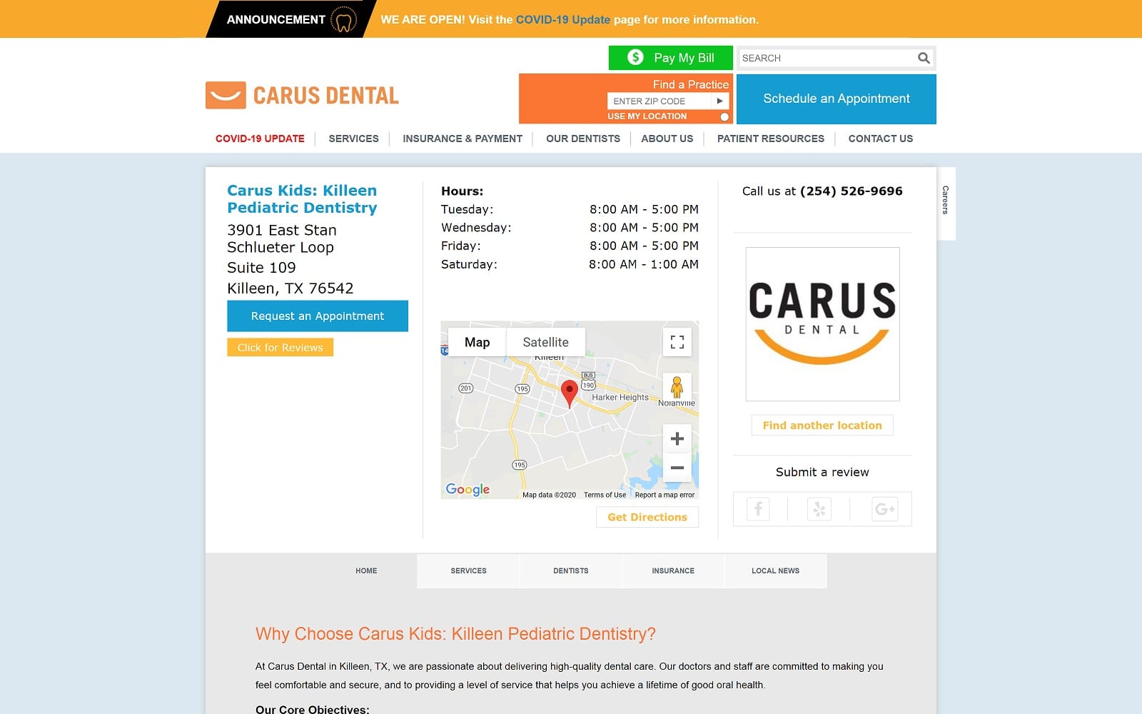 The Screenshot of Carus Kids carusdental.com/practices/carus-kids-killeen-pediatric-dentistry Website

