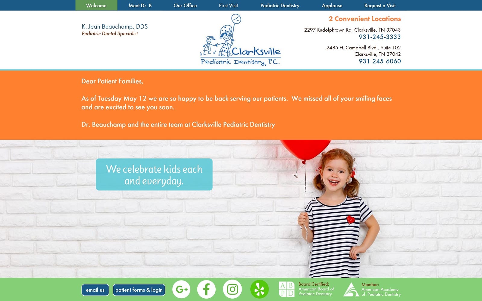 The Screenshot of Clarksville Pediatric Dentistry clarksvillepediatricdentistry.com Dr. K. Jean Beauchamp Website