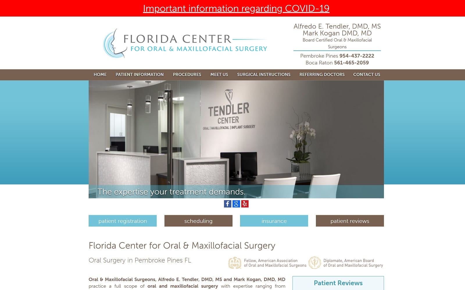 The Screenshot of Florida Center for Oral & Maxillofacial Surgery flocoms.com Dr. Alfredo E. Tendler Website