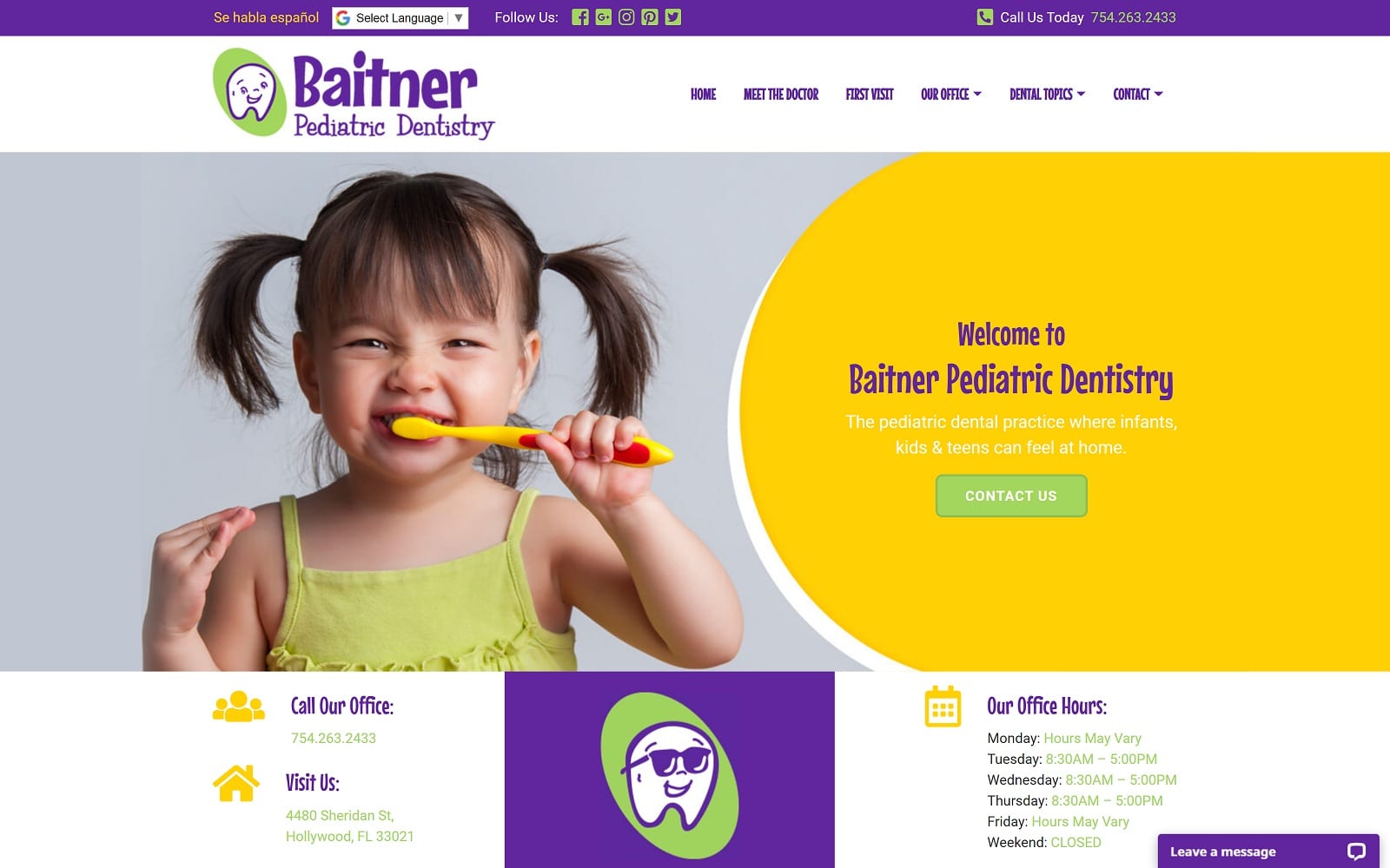 The Screenshot of Baitner Pediatric Dentistry hollywoodflpediatricdentist.com Website