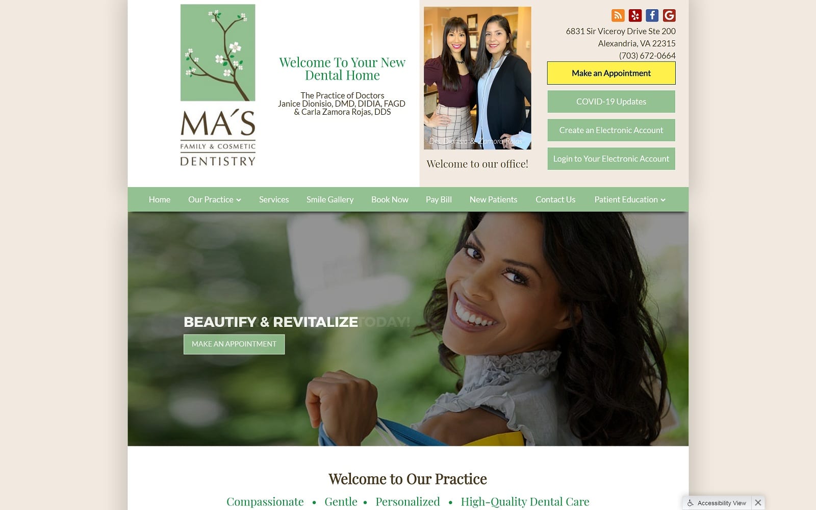 The Screenshot of MA's Family & Cosmetic Dentistry masfamilydentistry.com Dr. Janice Dionisio Website