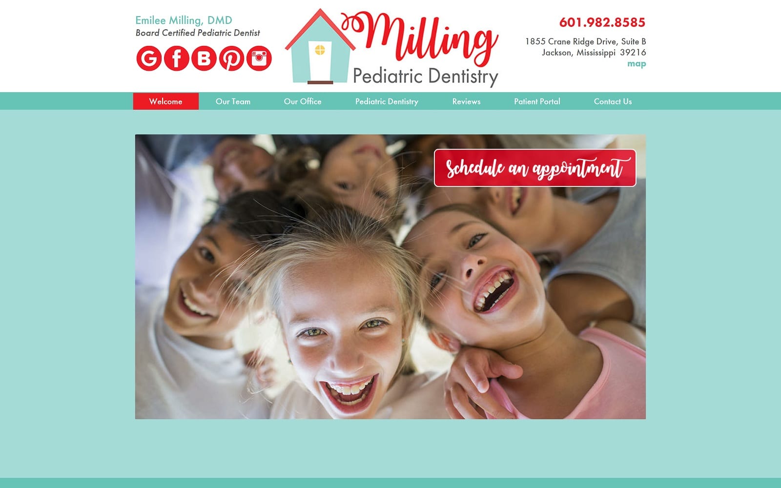 The Screenshot of Milling Pediatric Dentistry simmonsyoung.com Dr. Emilee Milling Website