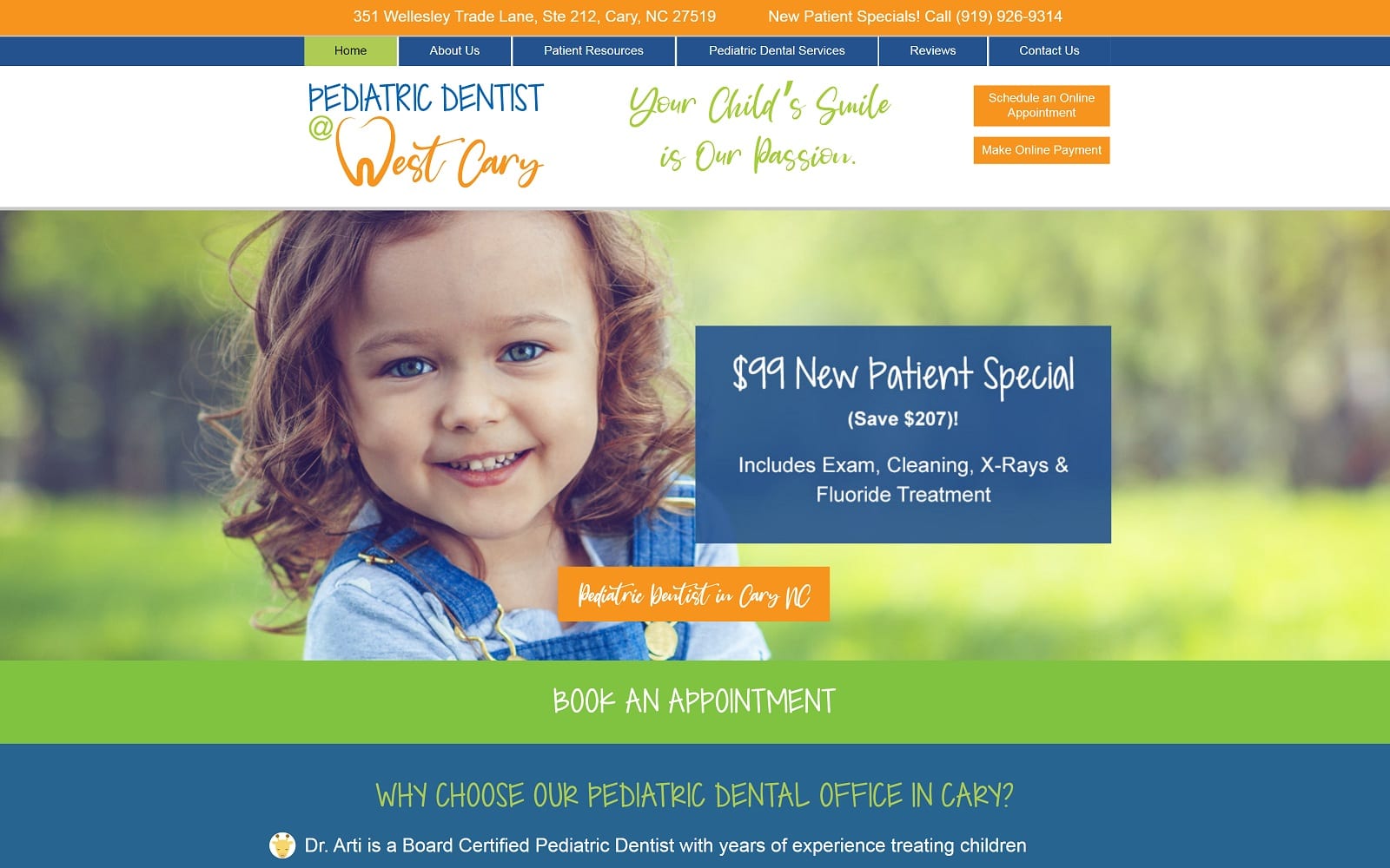 The Screenshot of Pediatric Dentist at West Cary pediatricdentistatwestcary.com Dr. Arti Website