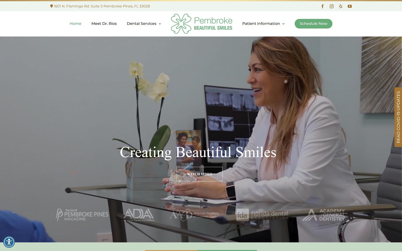 The Screenshot of Pembroke Beautiful Smiles Dental pembrokedentalcenter.com Dr. Milagritos Rios Website