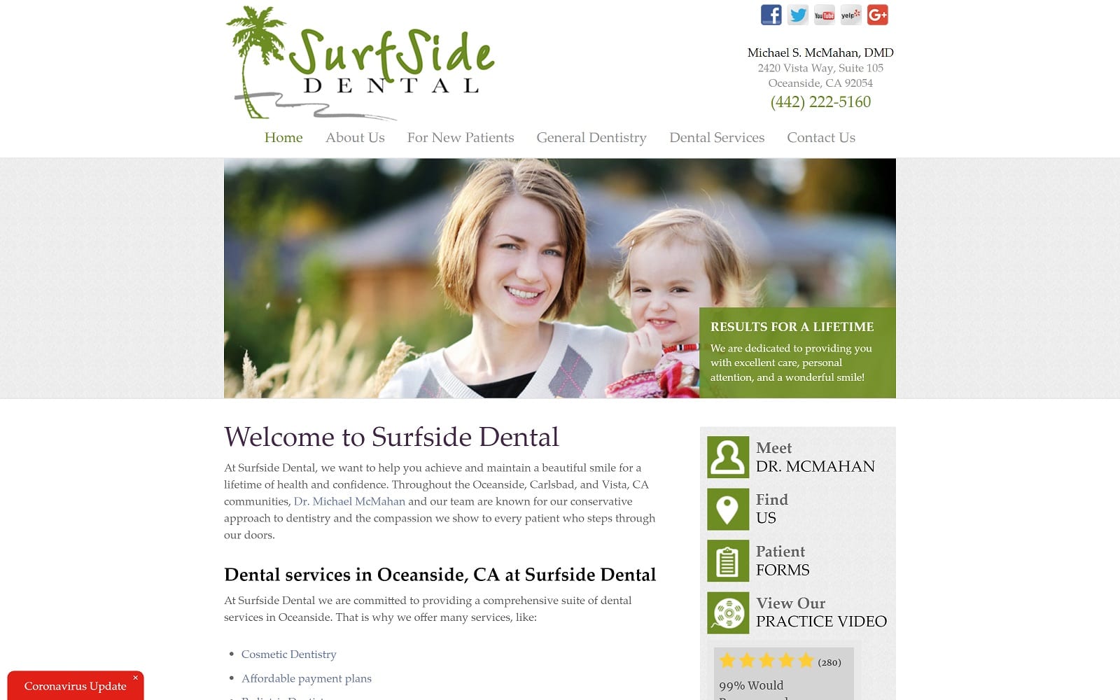 The Screenshot of Surfside Dental surfsidedentalca.com Dr. Michael McMahan Website