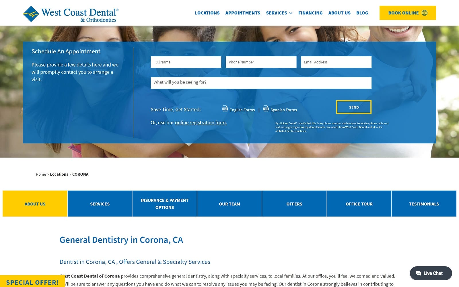 The Screenshot of West Coast Dental of Corona westcoastdental.com/locations/corona Website
