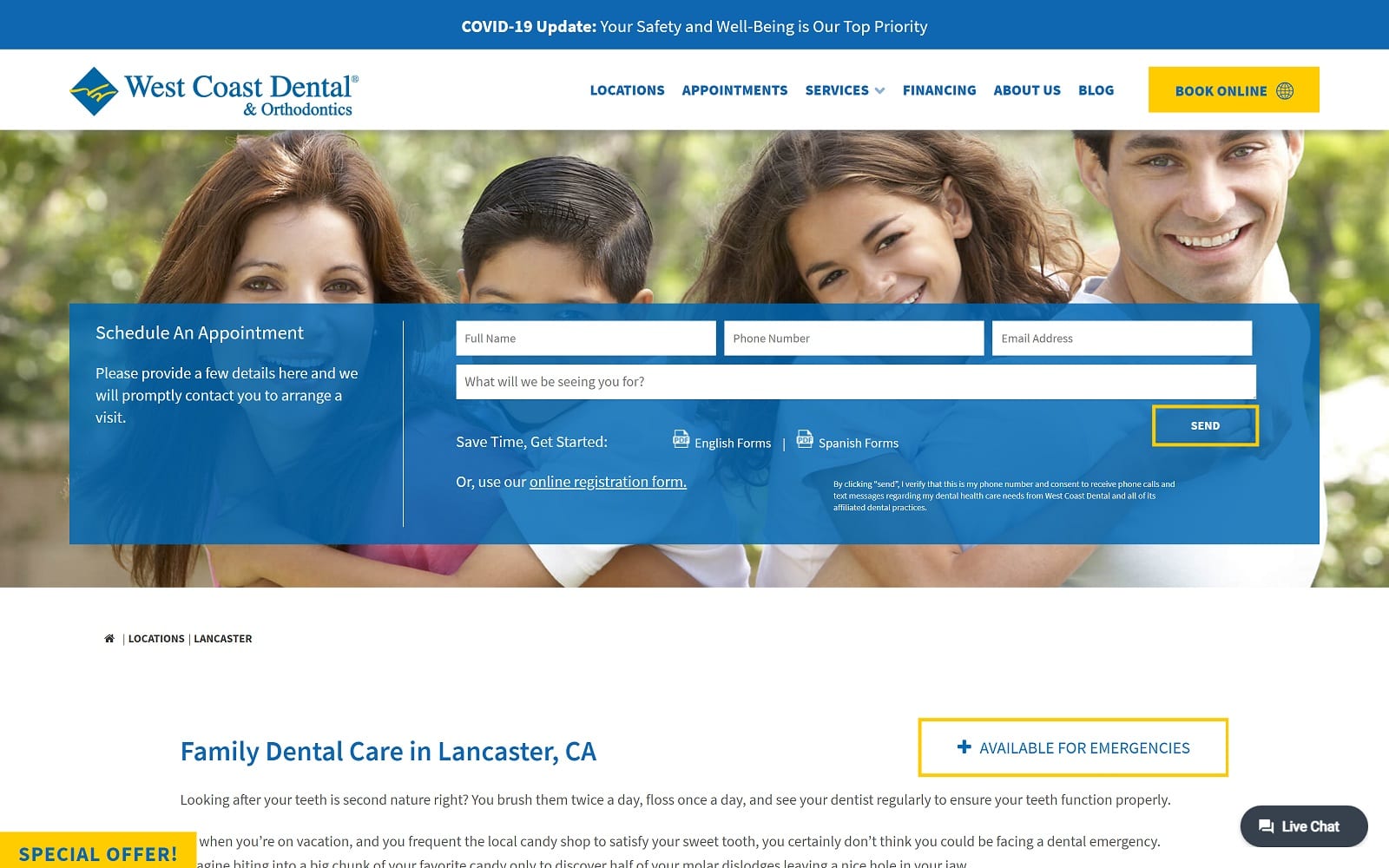 The Screenshot of Family Dental Practice of Lancaster westcoastdental.com/locations/lancaster Website