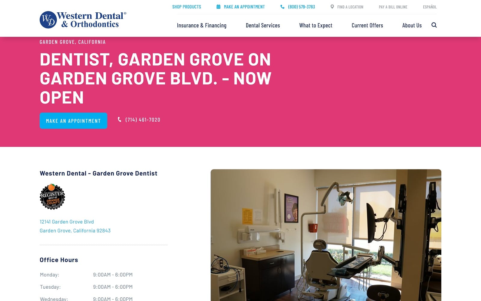 The Screenshot of Western Dental & Orthodontics westerndental.com/en-us/find-a-location/california/garden-grove/12141-garden-grove-blvd Website
