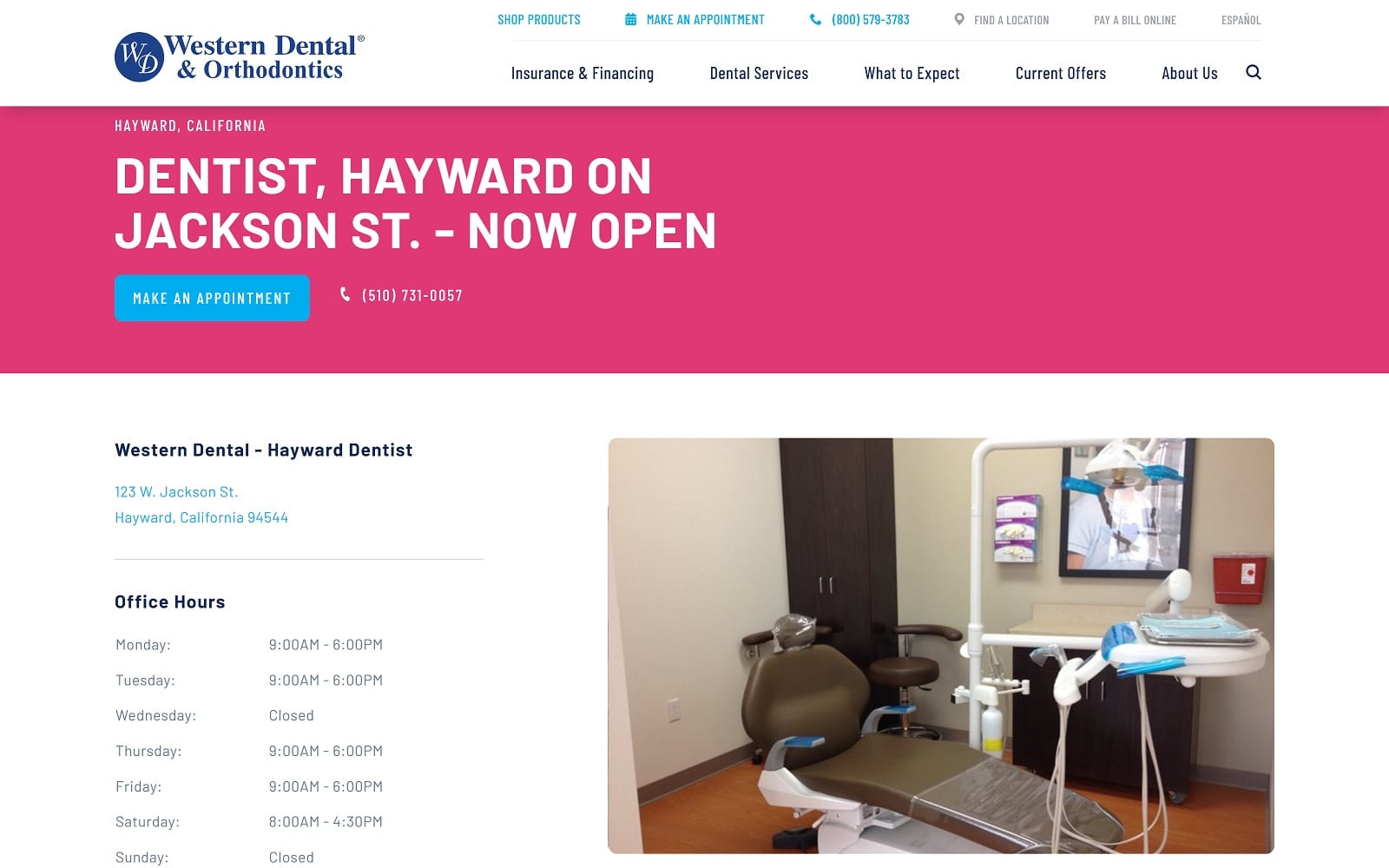 The Screenshot of Western Dental & Orthodontics westerndental.com/en-us/find-a-location/california/hayward/123-w-jackson-st Website
