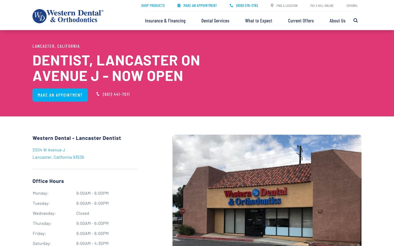The Screenshot of Western Dental & Orthodontics westerndental.com/en-us/find-a-location/california/lancaster/2004-w-avenue-j Website