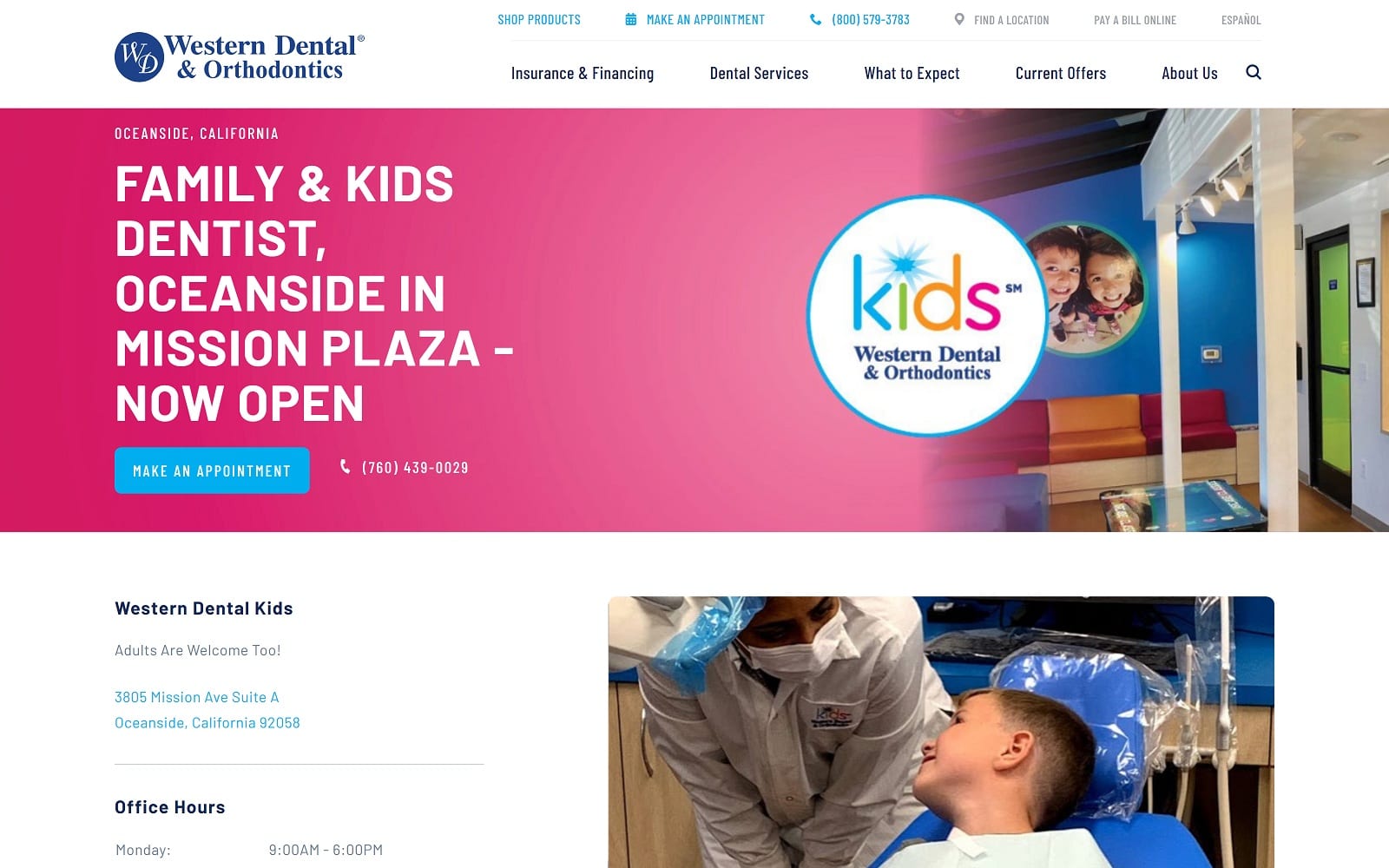 The Screenshot of Western Dental Kids westerndental.com/en-us/find-a-location/california/oceanside/3805-mission-ave-suite-a Website