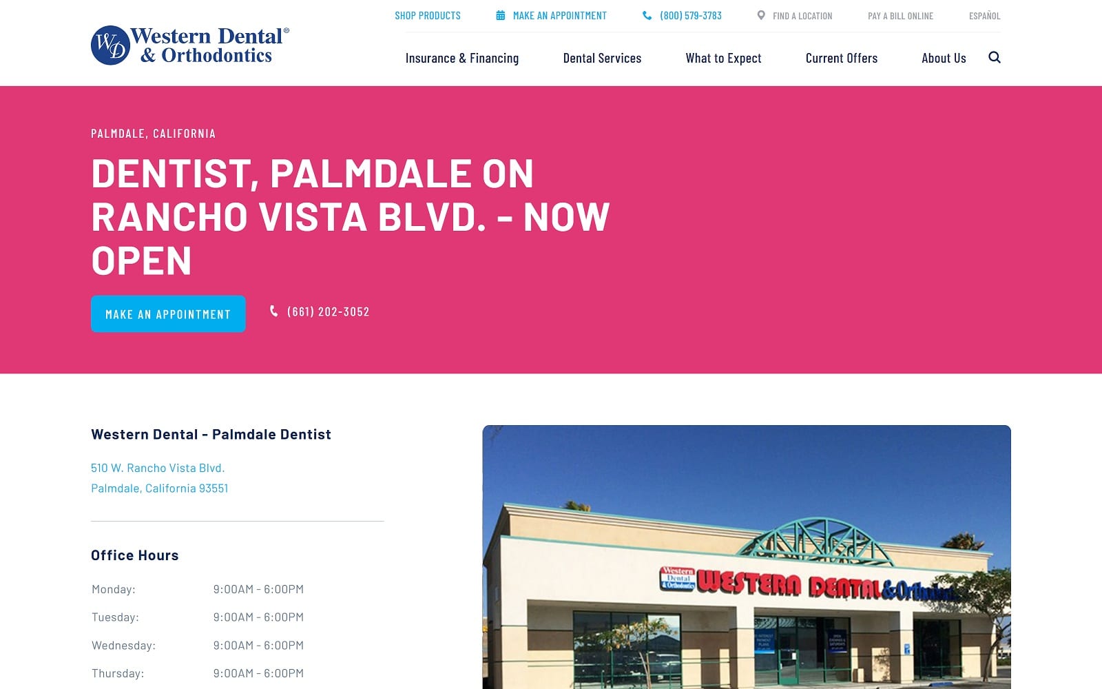 The Screenshot of Western Dental & Orthodontics westerndental.com/en-us/find-a-location/california/palmdale/510-w-rancho-vista-blvd Website
