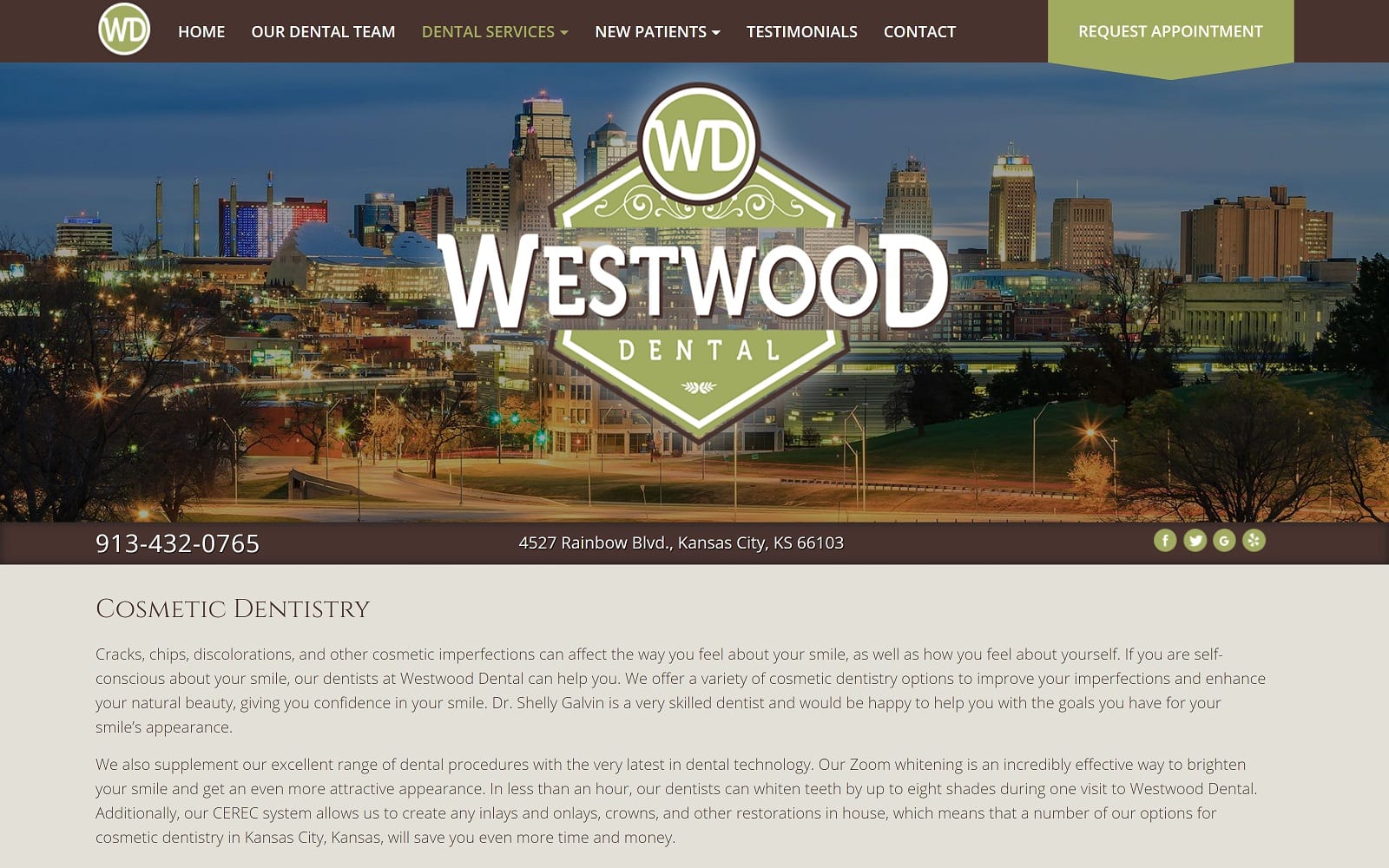 The Screenshot of Westwood Dental westwooddentalkc.com Dr. Shelly Galvin Website