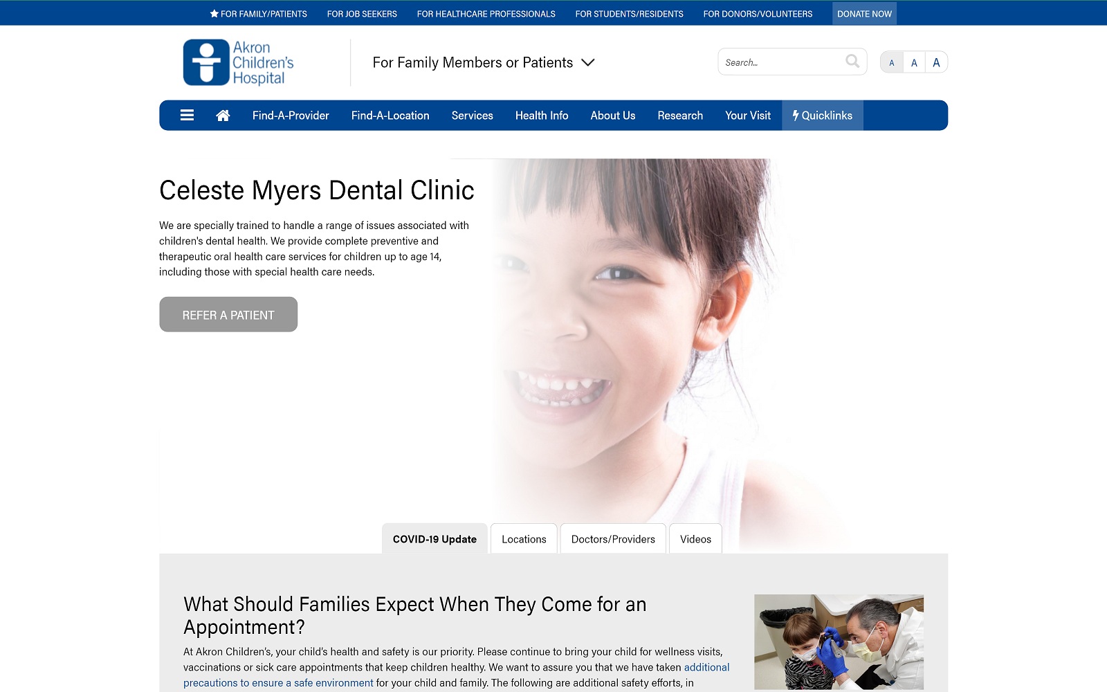 The Screenshot of Akron Children's Hospital Celeste Myers Dental Clinic akronchildrens.org/departments/Dentistry.html Website
