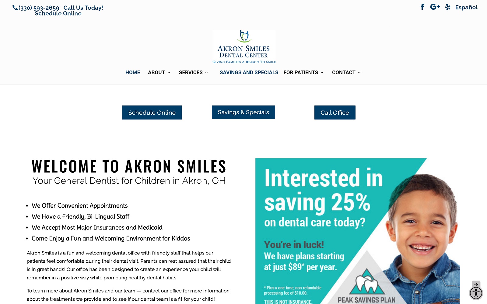 The Screenshot of Akron Smiles Dental Center akronsmilesbright.com Website