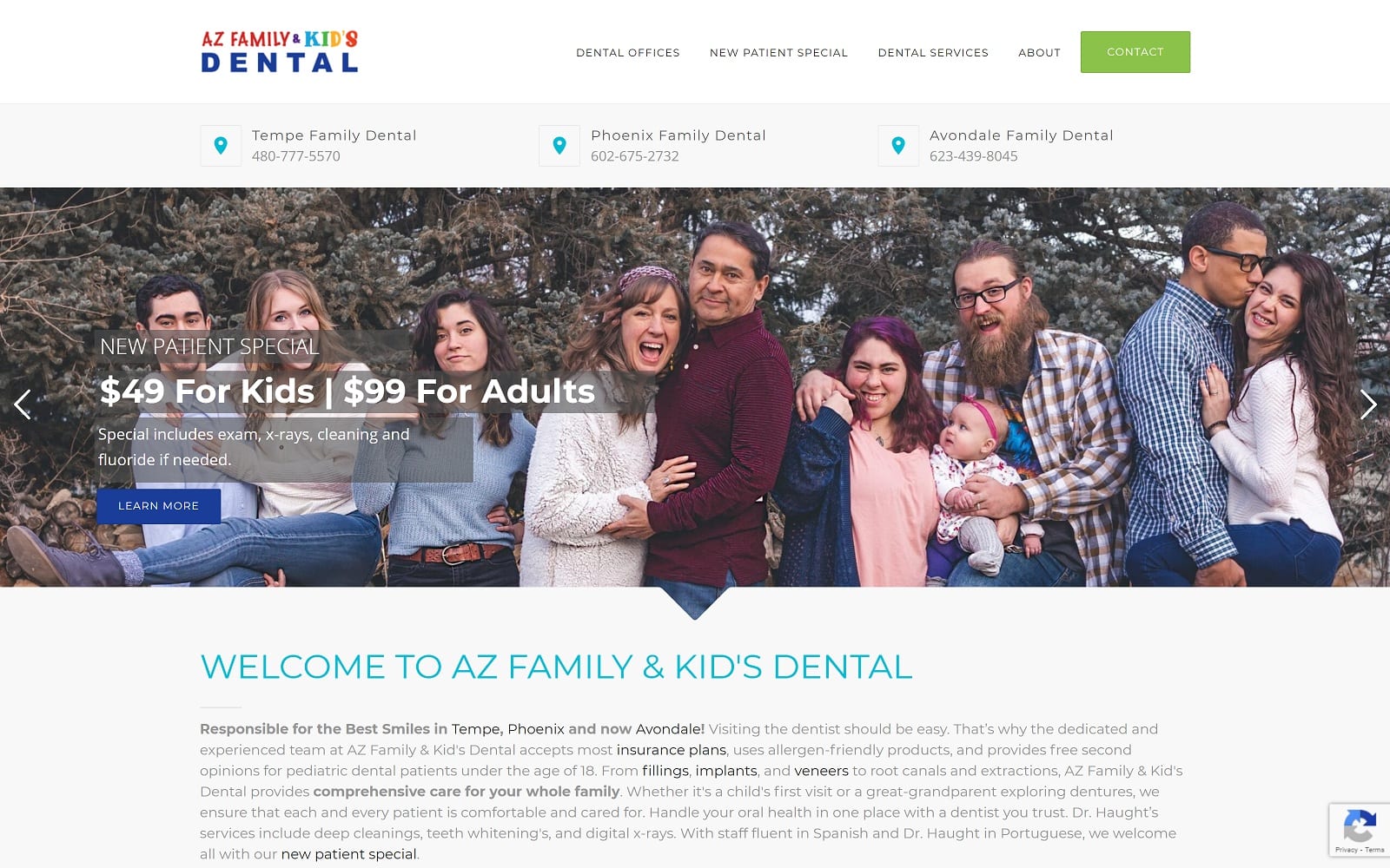 The Screenshot of AZ Family & Kids Dental azfamilykidsdental.com/tempe-dentist Website
