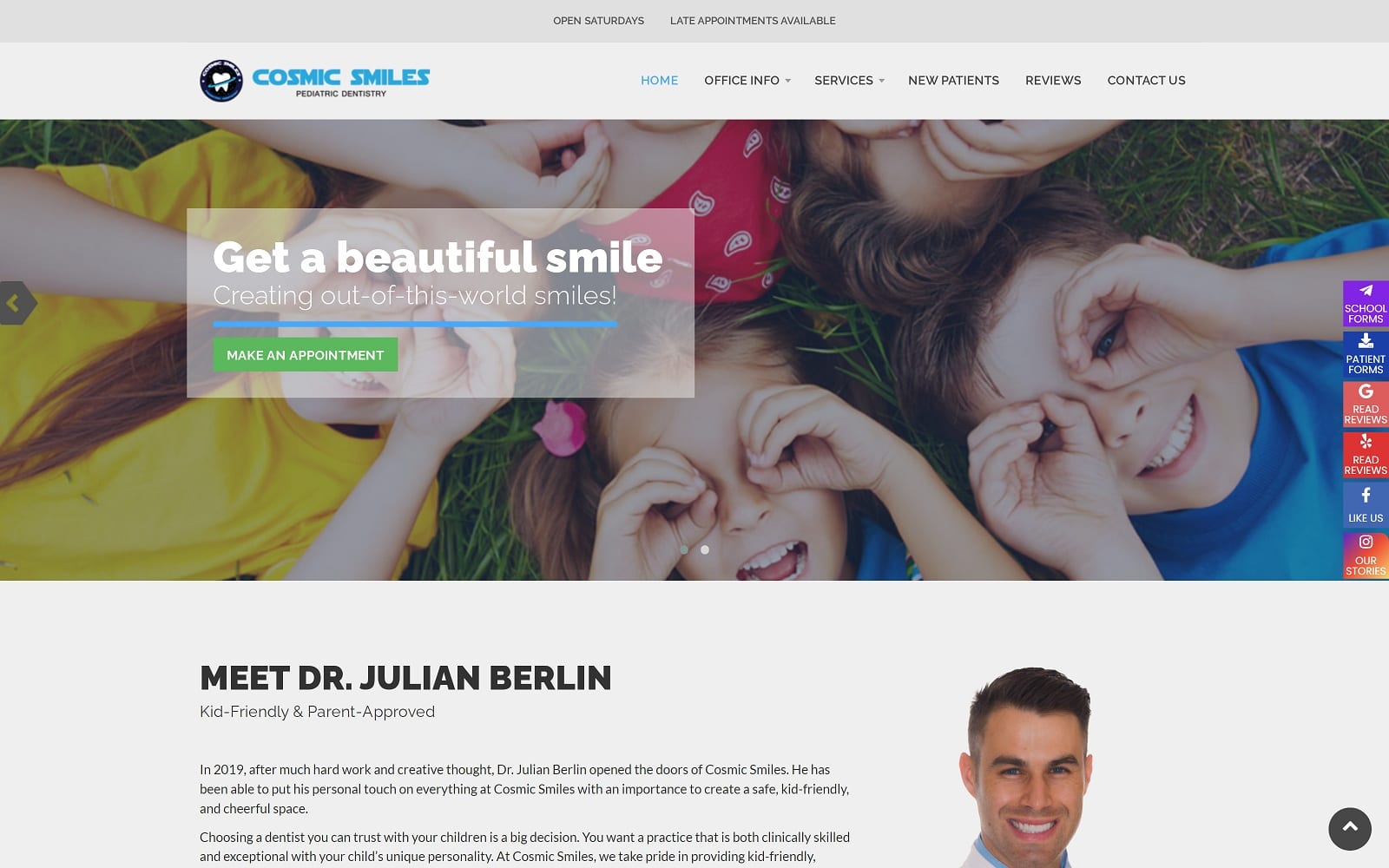 The Screenshot of Cosmic Smiles Pediatric Dentistry cosmicsmiles.com Dr. Julian Berlin Website