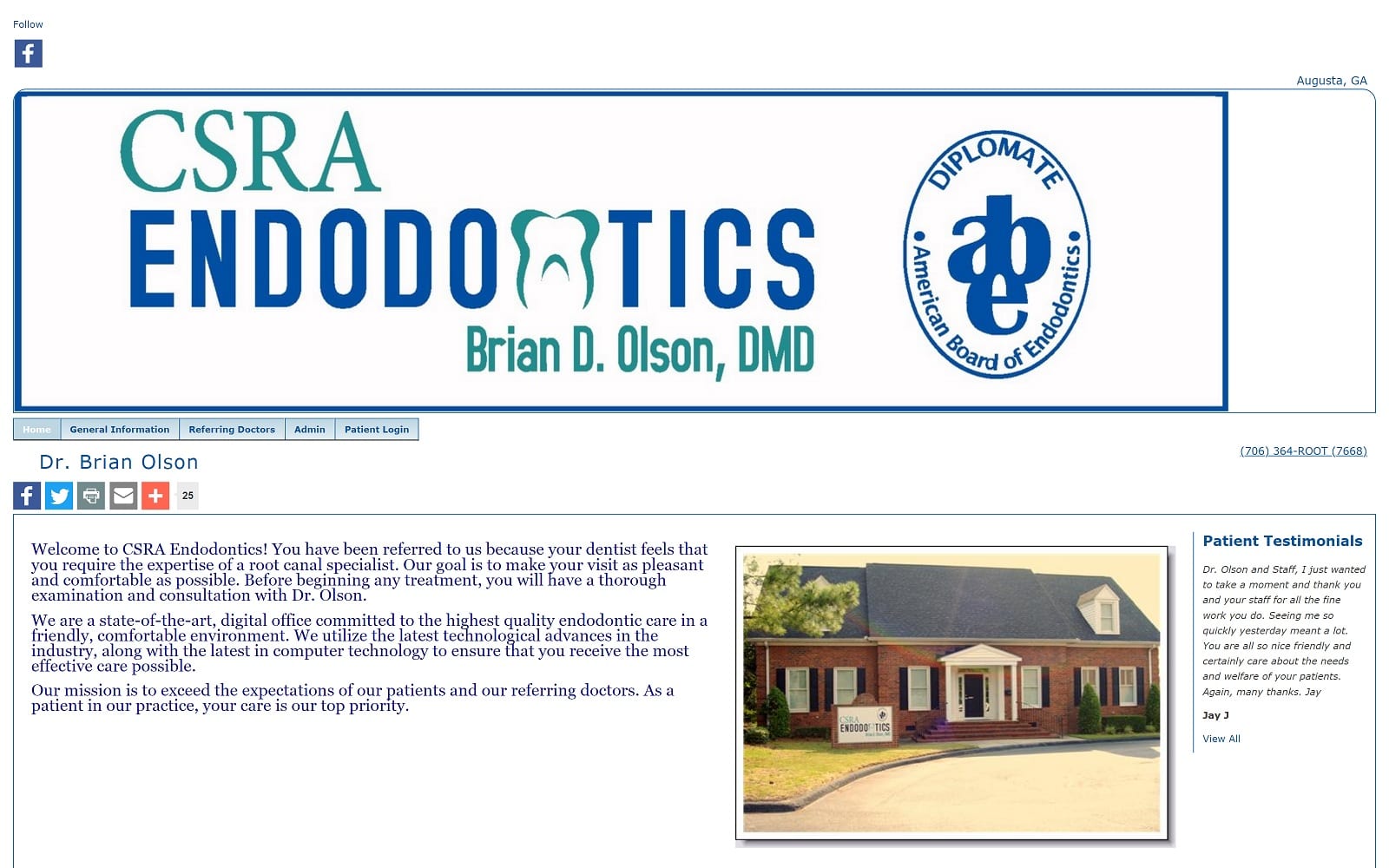 The Screenshot of CSRA Endodontics, Office of Dr. Brian Olson csraendo.com/home.aspx Website
 