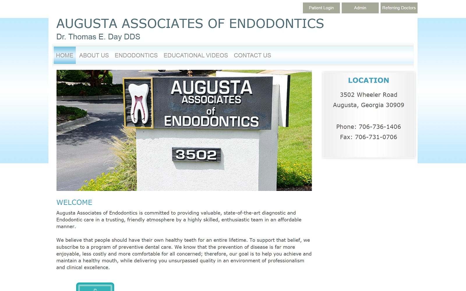 The Screenshot of Augusta Associates of Endodontics dayendo.com/home.aspx Dr. Thomas E. Day Website
