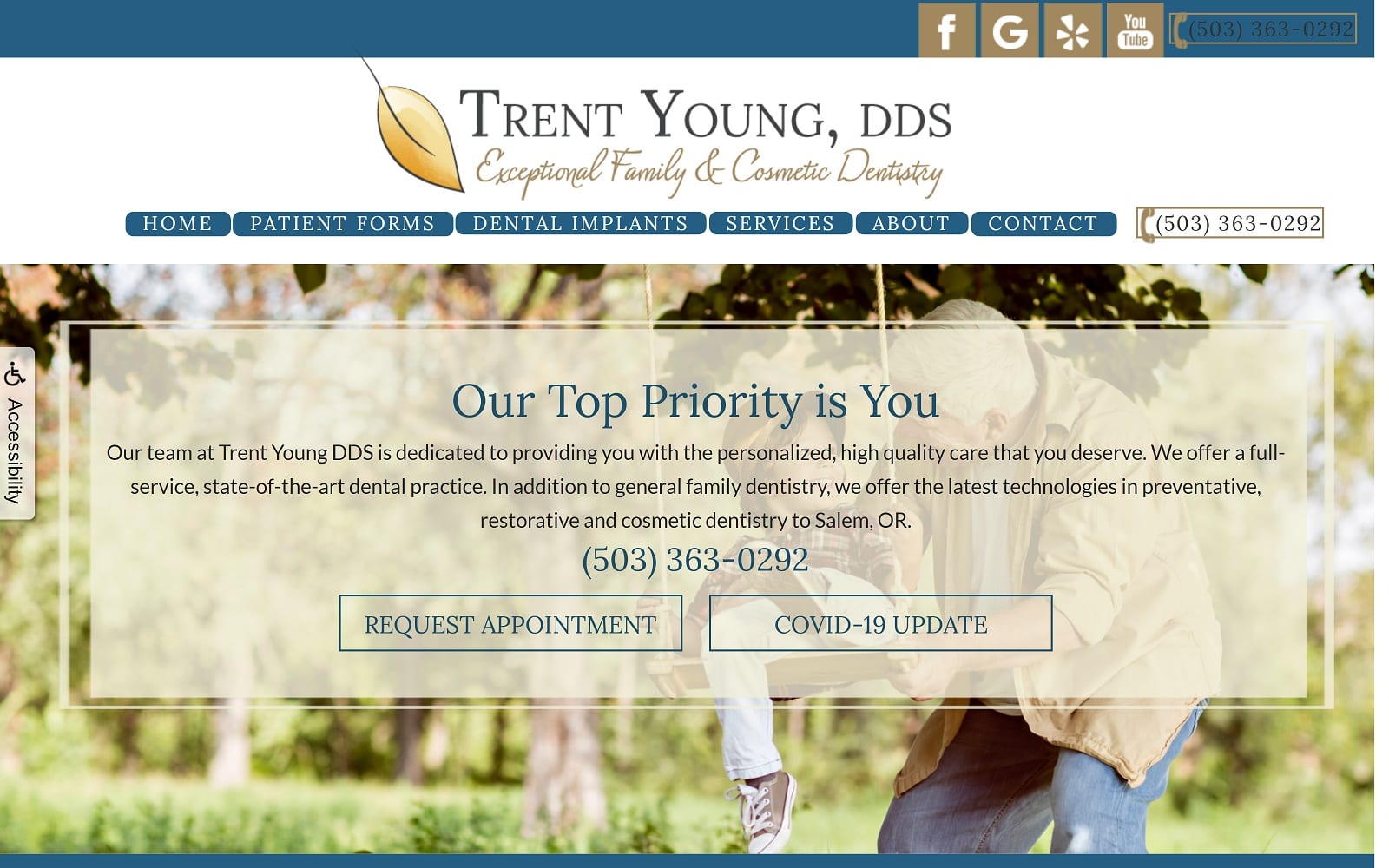 The Screenshot of Trent Young DDS Family Dentist & Dental Implants dentistsalemor.com Website