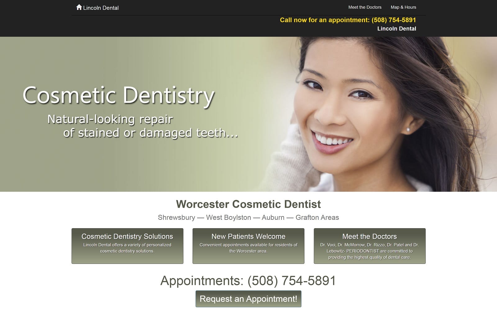 The Screenshot of Lincoln Dental dentistworcester.com Website