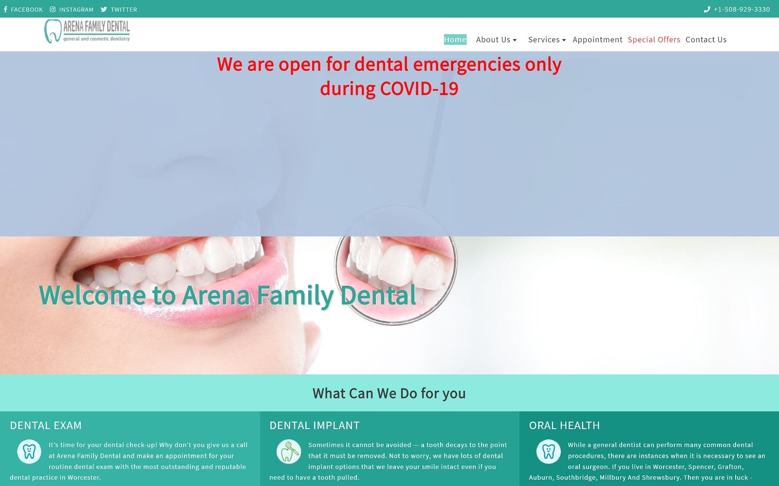 The Screenshot of Arena Family Dental family-dentistry-worcester.com Website
