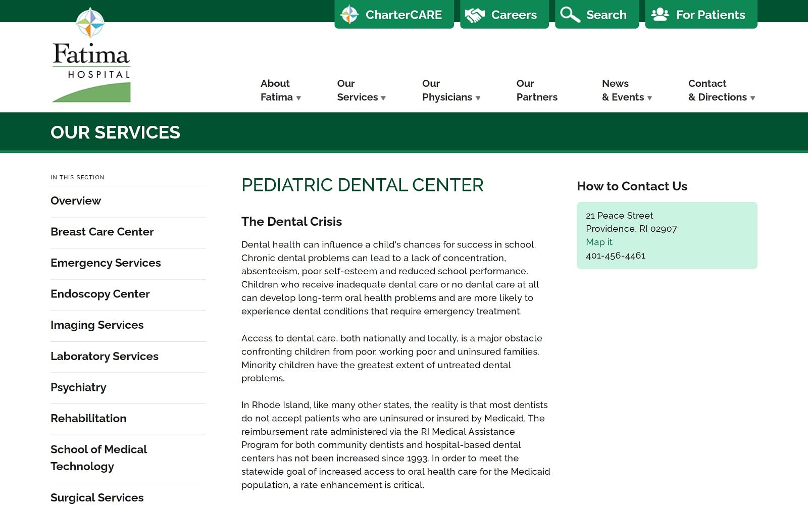The Screenshot of St Joseph Pediatric Dental Center fatimahospital.com/services/pediatric-dental-center Website