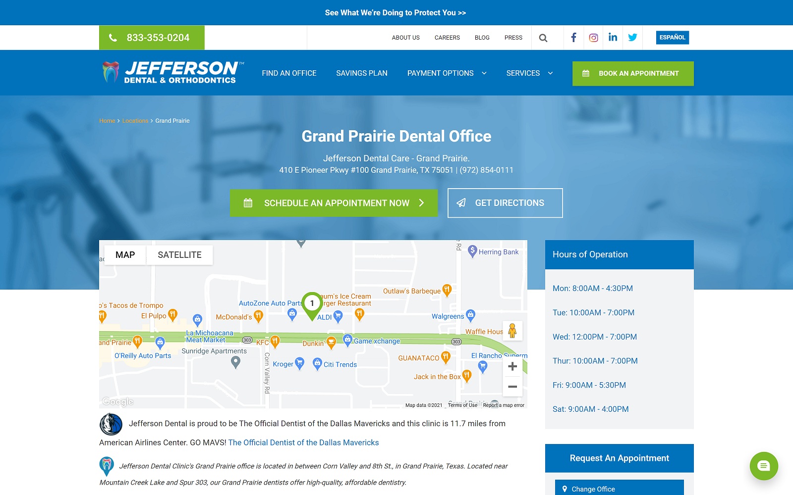The Screenshot of Jefferson Dental & Orthodontics jeffersondentalclinics.com/clinics/grand-prairie-tx Website
