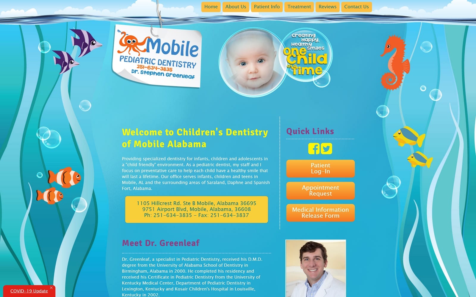 The Screenshot of Mobile Pediatric Dentistry mobilepediatricdentistry.com Dr. Greenleaf Website