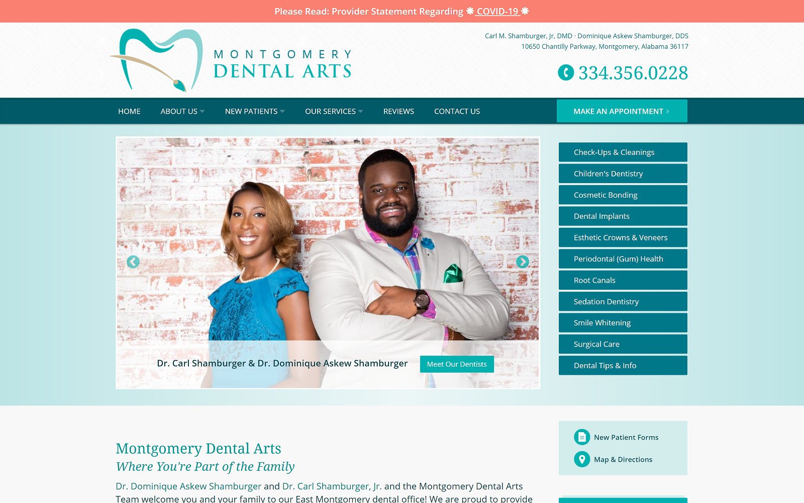 The Screenshot of Montgomery Dental Arts montgomerydentalarts.com Dr. Carl Shamburger Website
