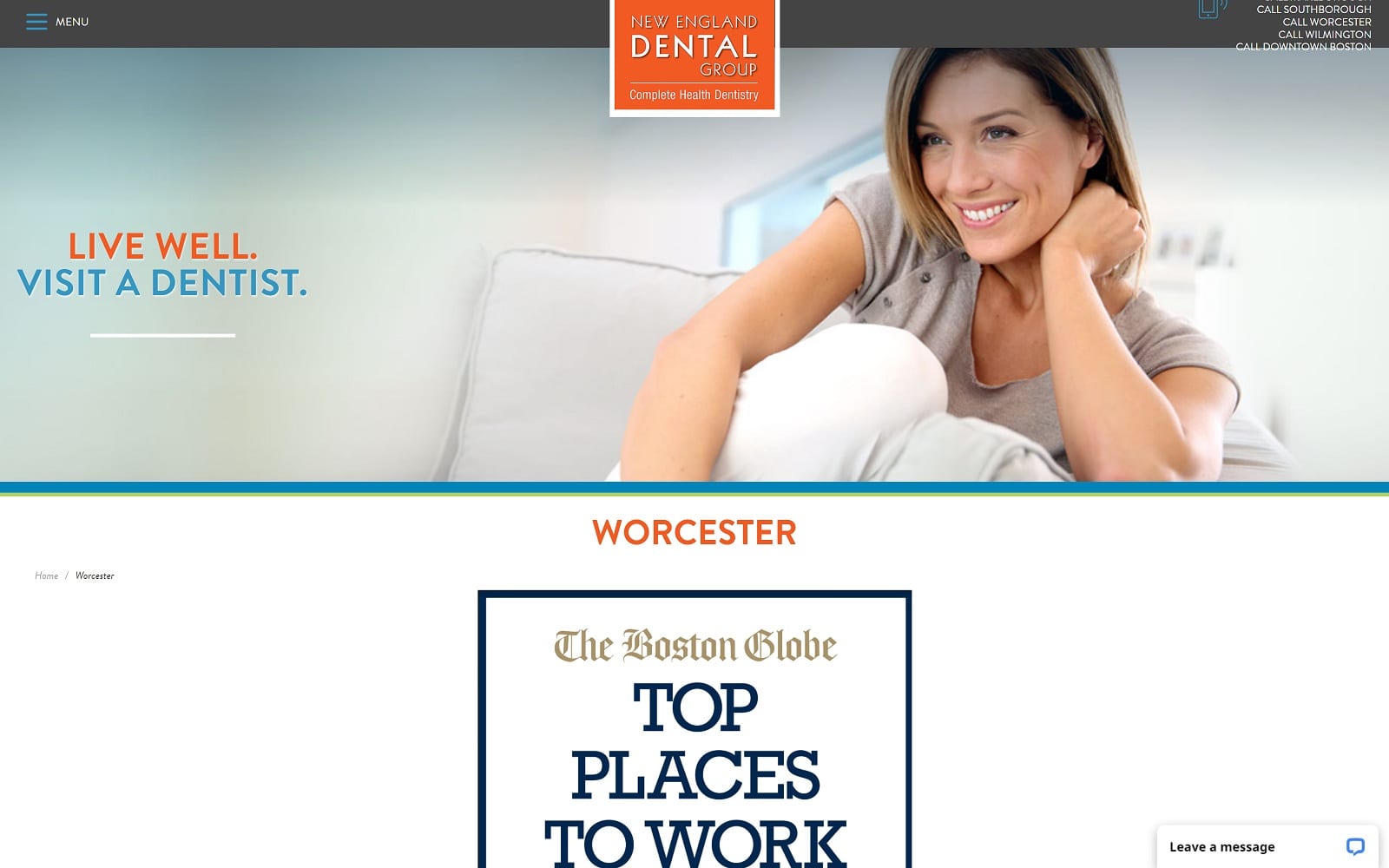 The Screenshot of New England Dental Group newenglanddentalgroup.com/worcester Website
