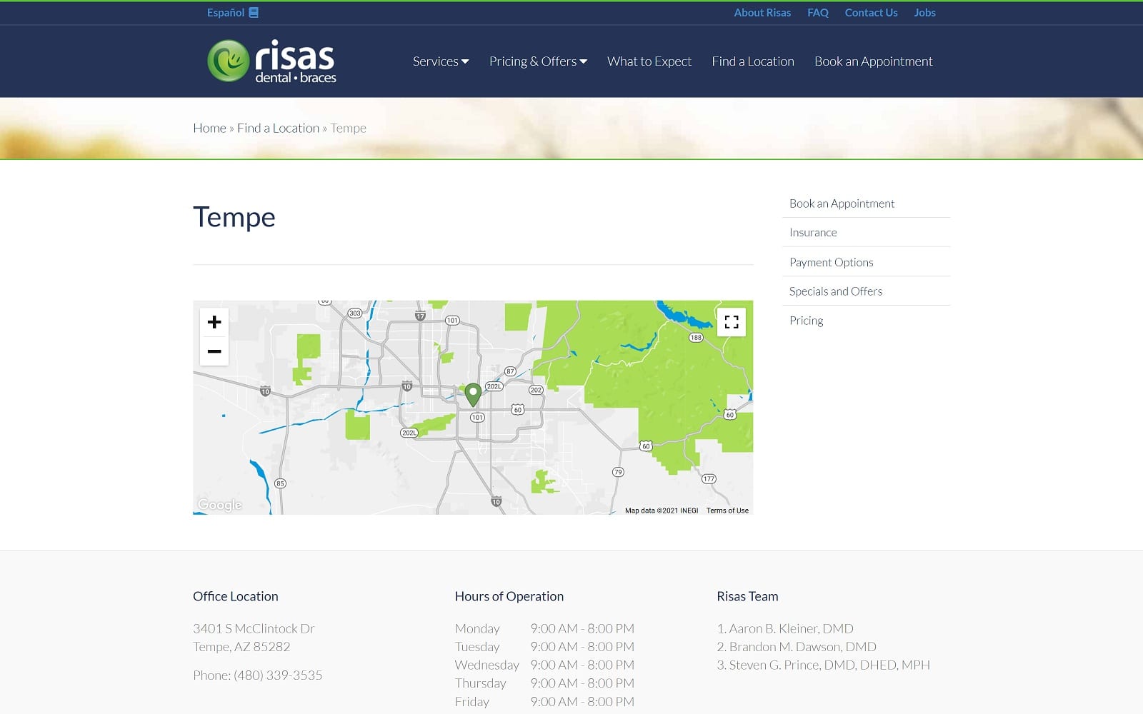 The Screenshot of Risas Dental and Braces - Tempe risasdental.com/find-a-location/tempe Website

