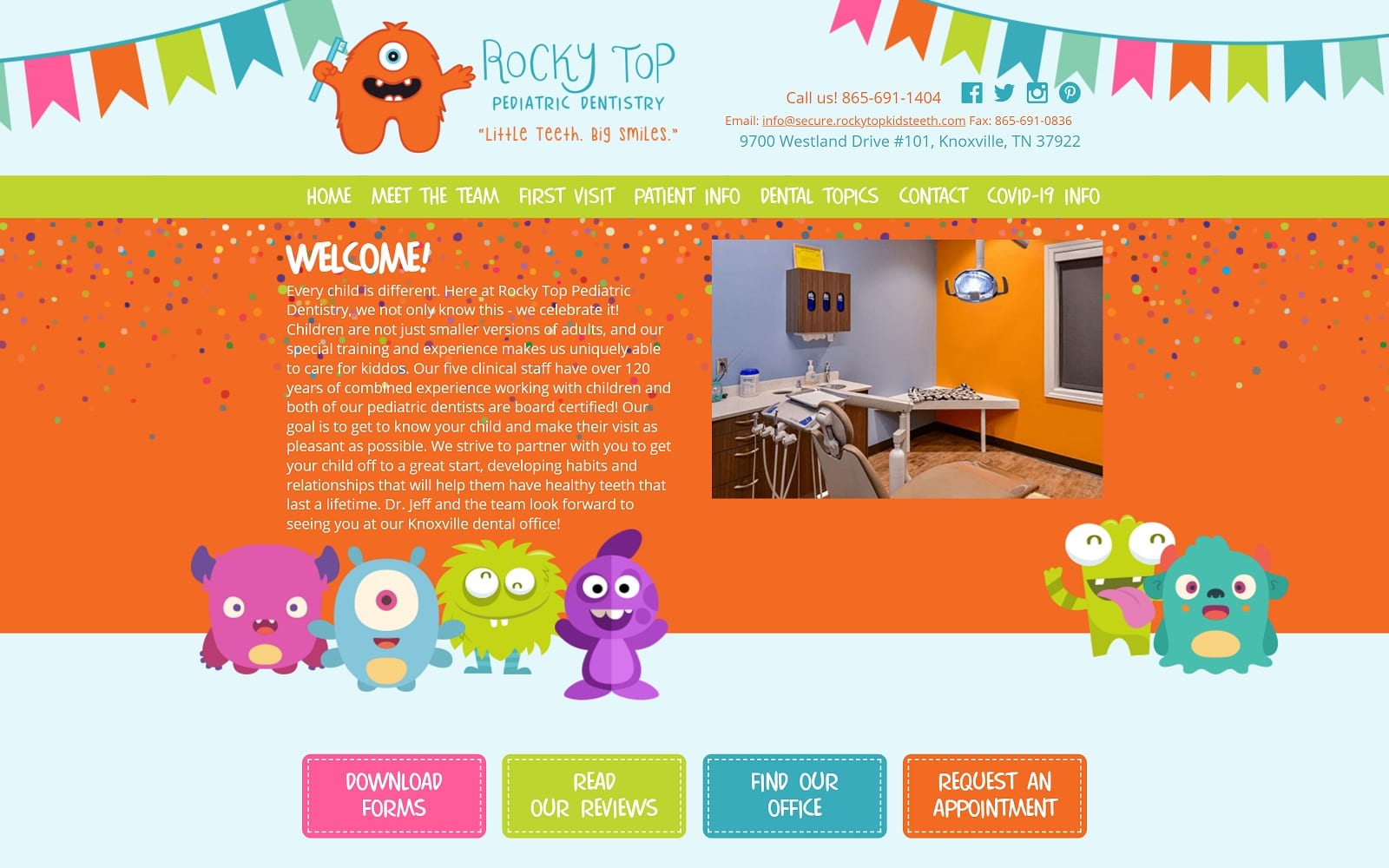 Website homepage screenshot of rockytopkidsteeth.com